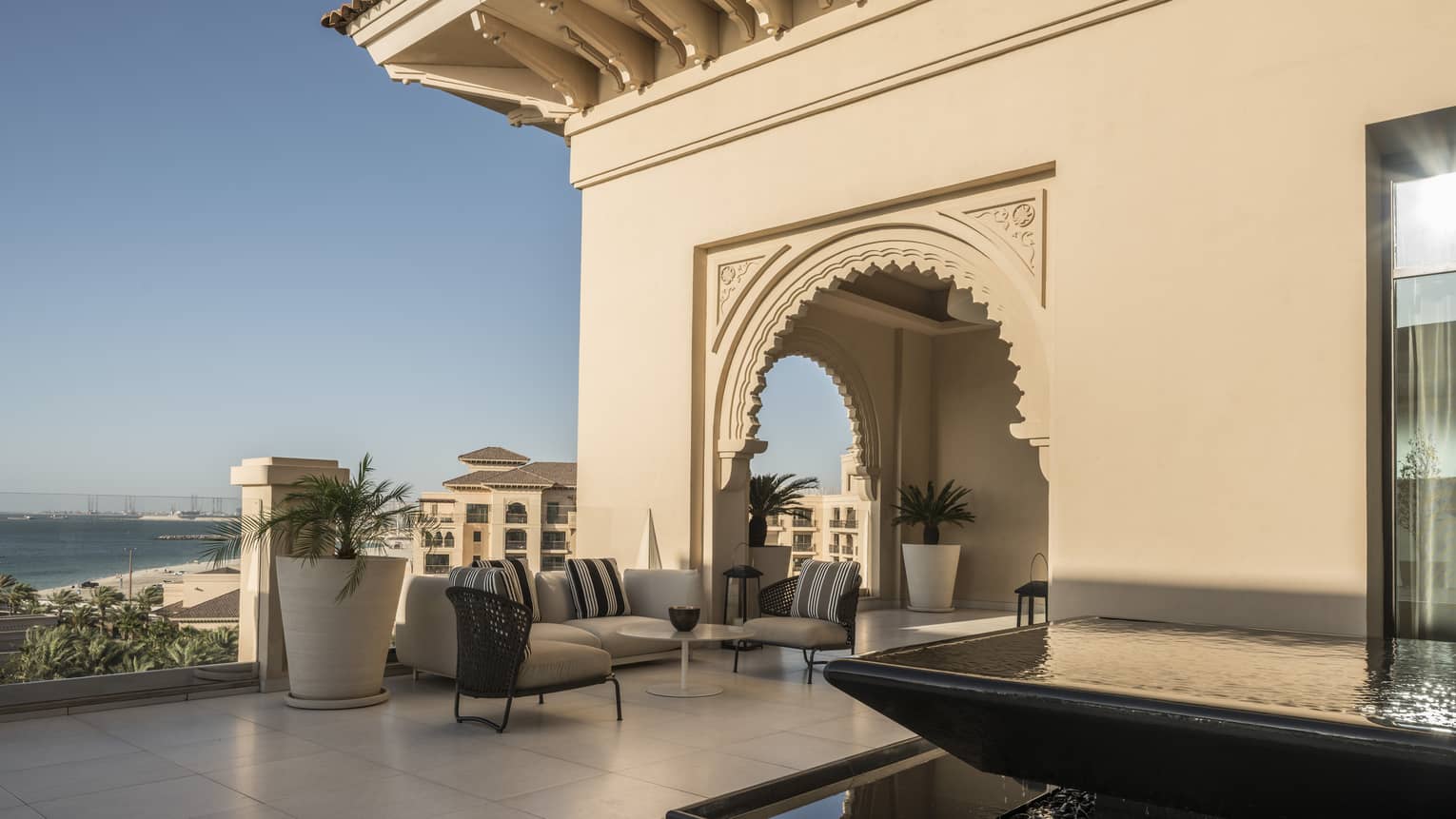 Penthouse suite terrace overlooking Dubai beach
