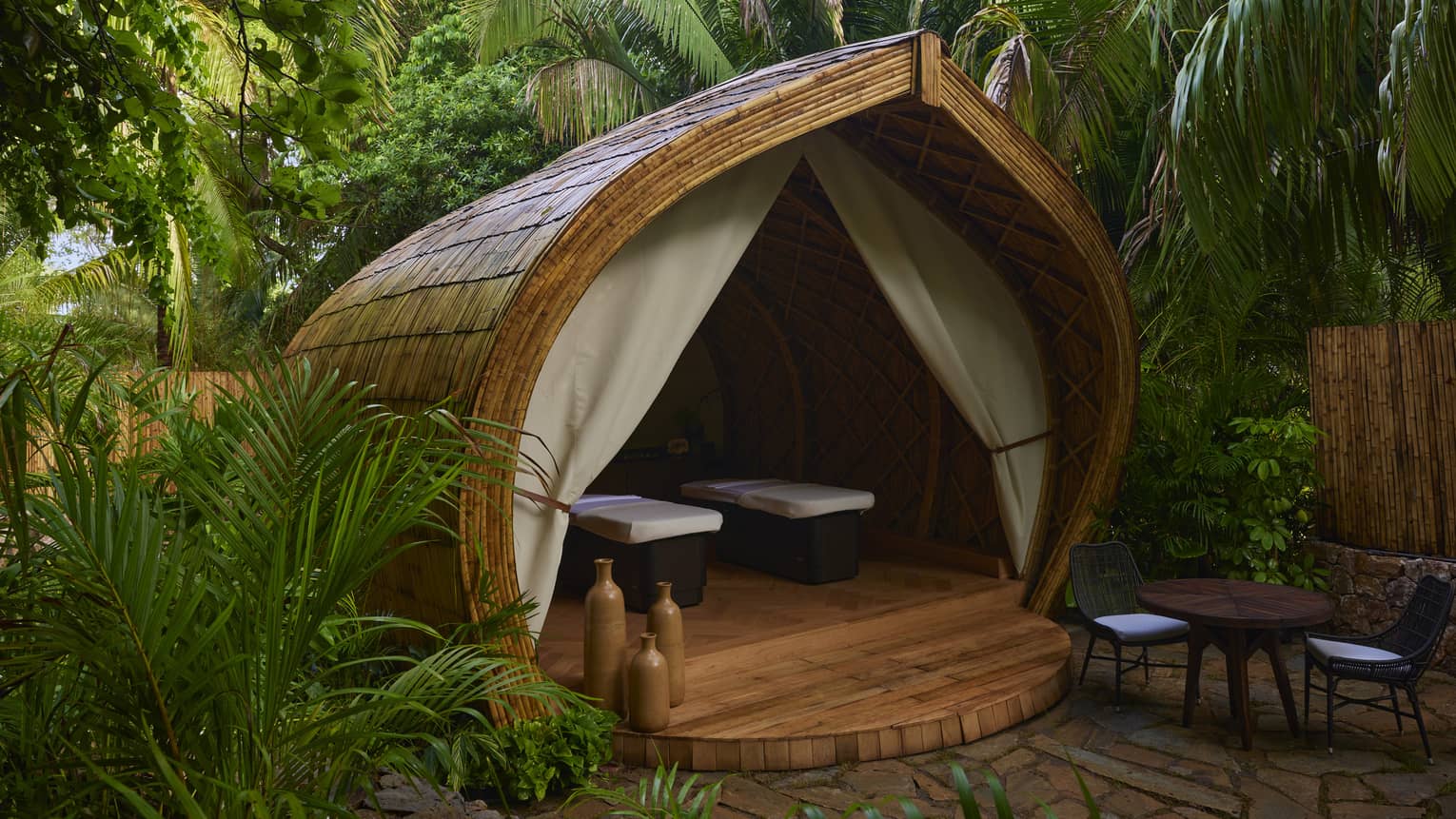 Spa pod nestled within the tropical forest