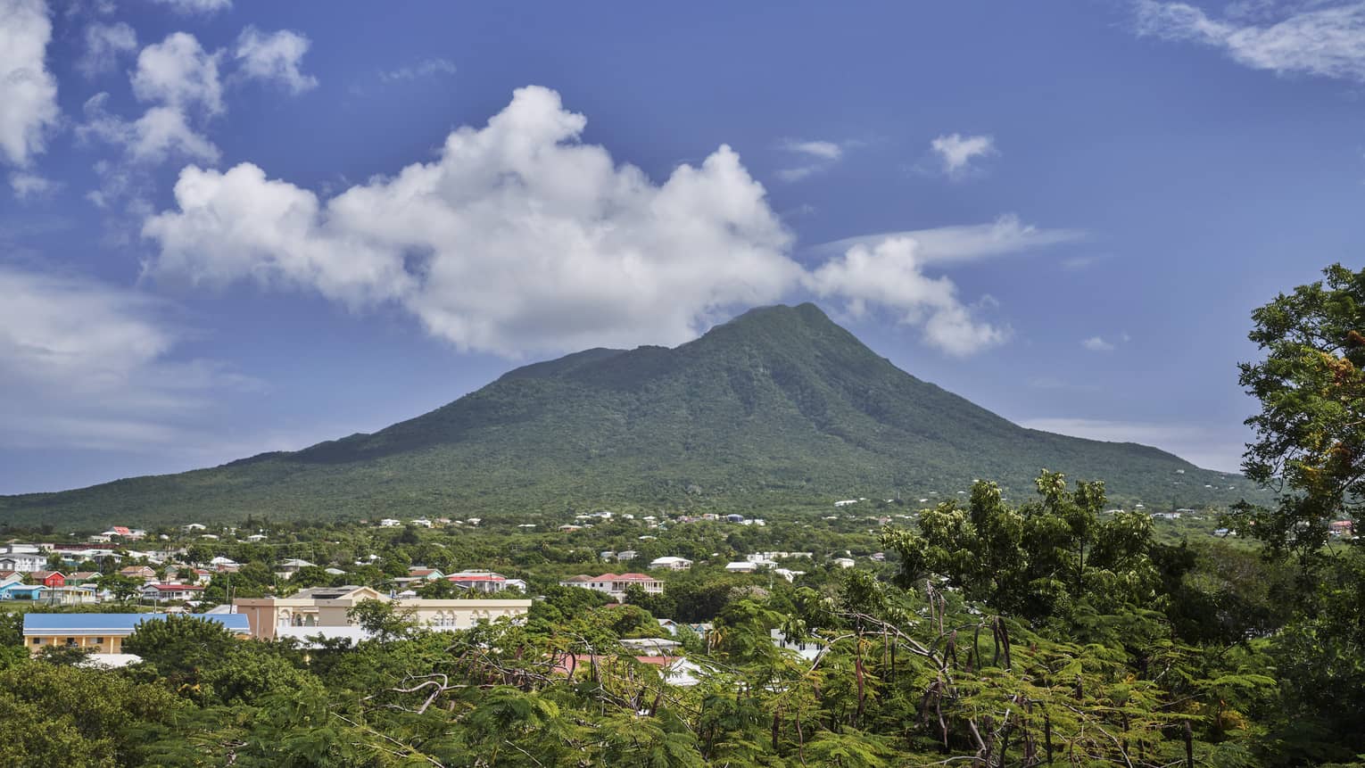 A large mountain in the background of a forested area with buildings poking out of the trees.