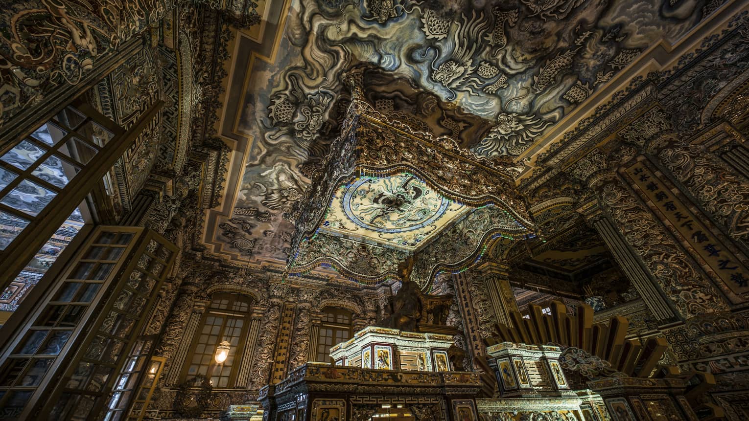 The ornate interior ceiling of Hue City - Khai Dinh Tomb