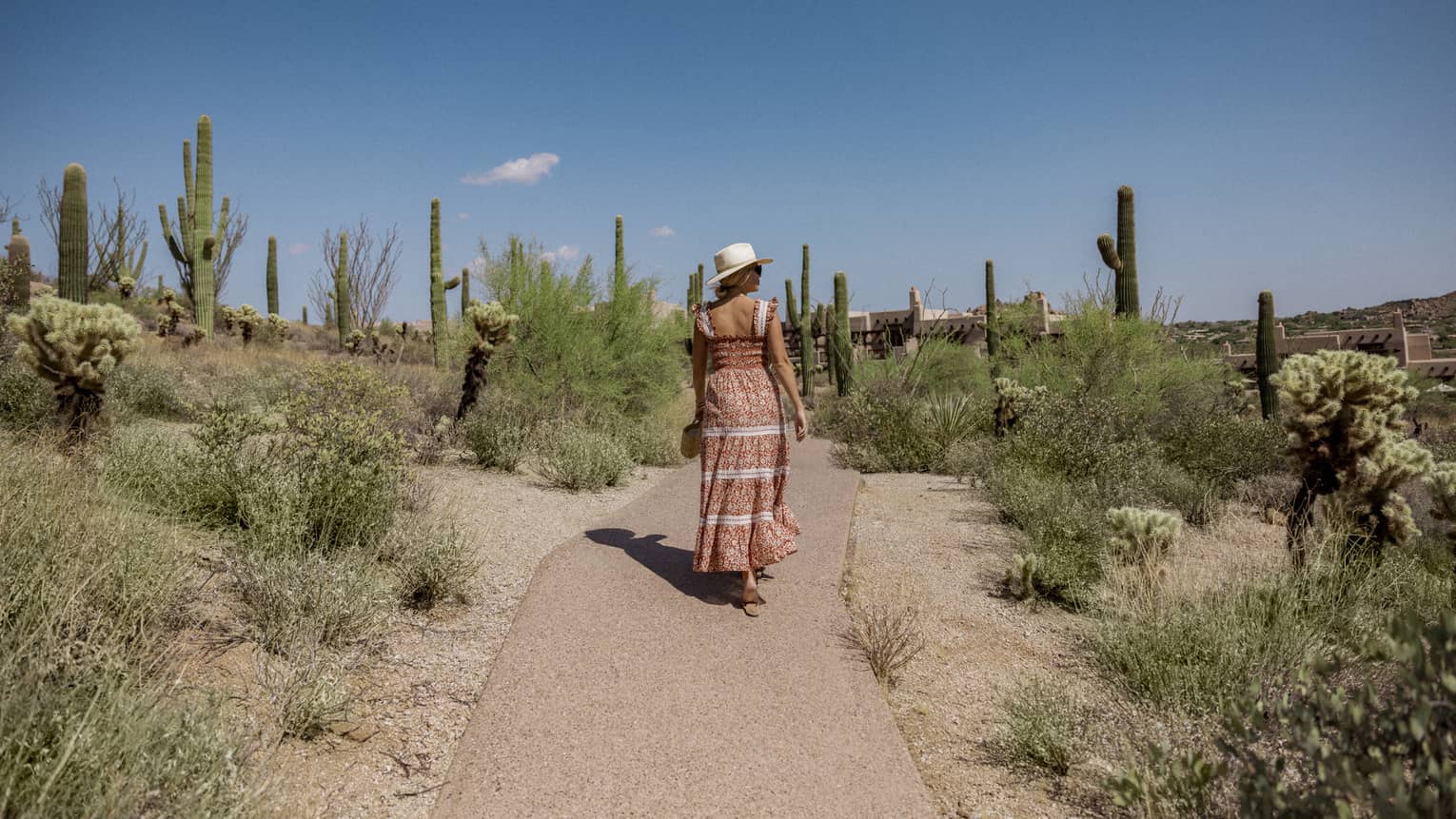 Person wearing a dress and a hat and walking on a path with greenery on either side.