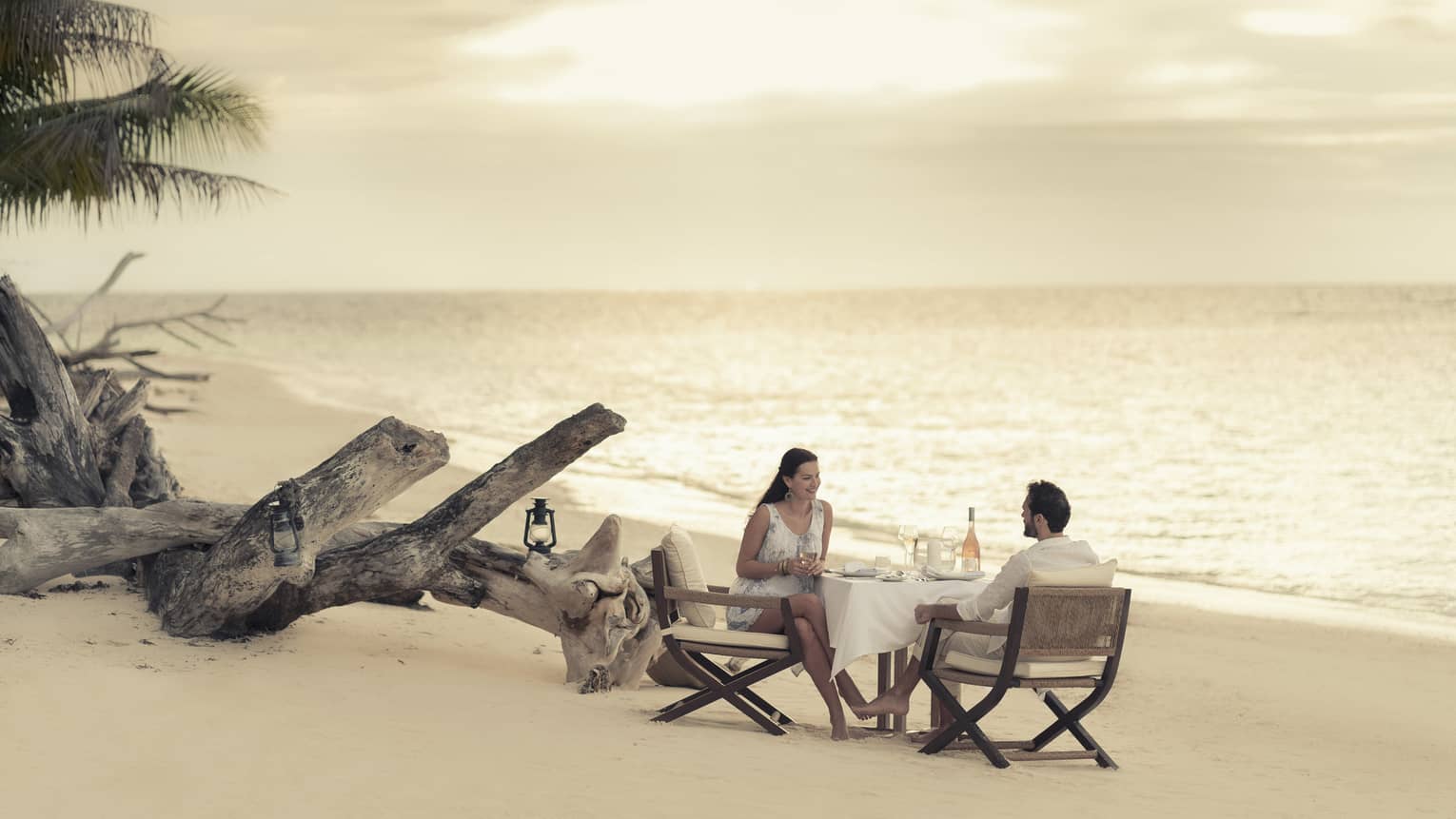 Couple enjoy romantic beach dinner by driftwood on sand beach at sunset