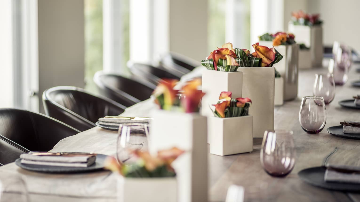 Cellar Door room close-up of long private dining table with orange flowers in modern vases 