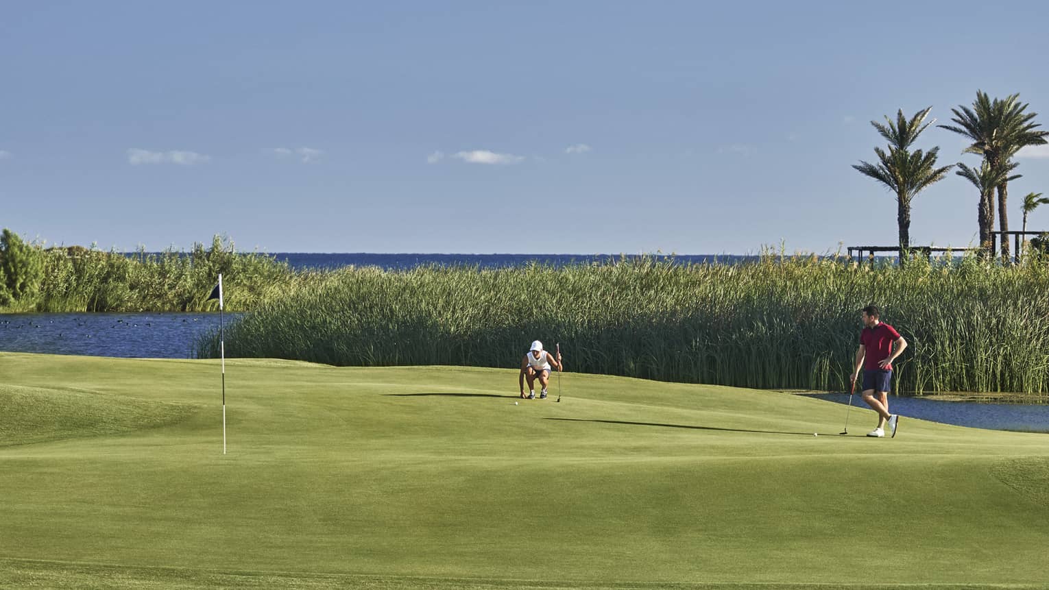 As one golfer looks on, another kneels by their ball on a putting green bordered by dark, reed-filled water and palm trees.