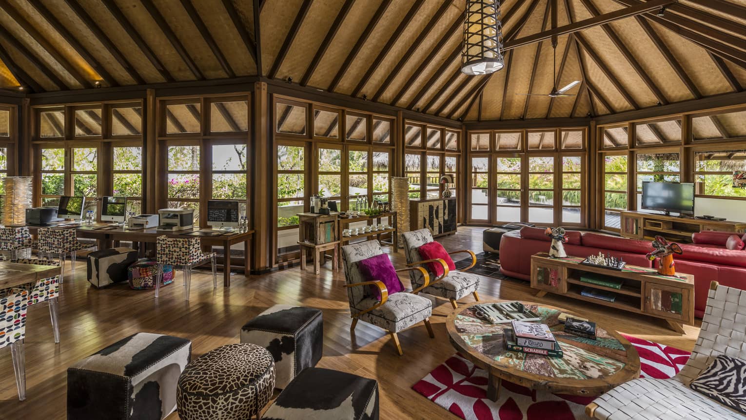 Interior of Lava Lounge with wooden ceiling and modern, colourful furniture 