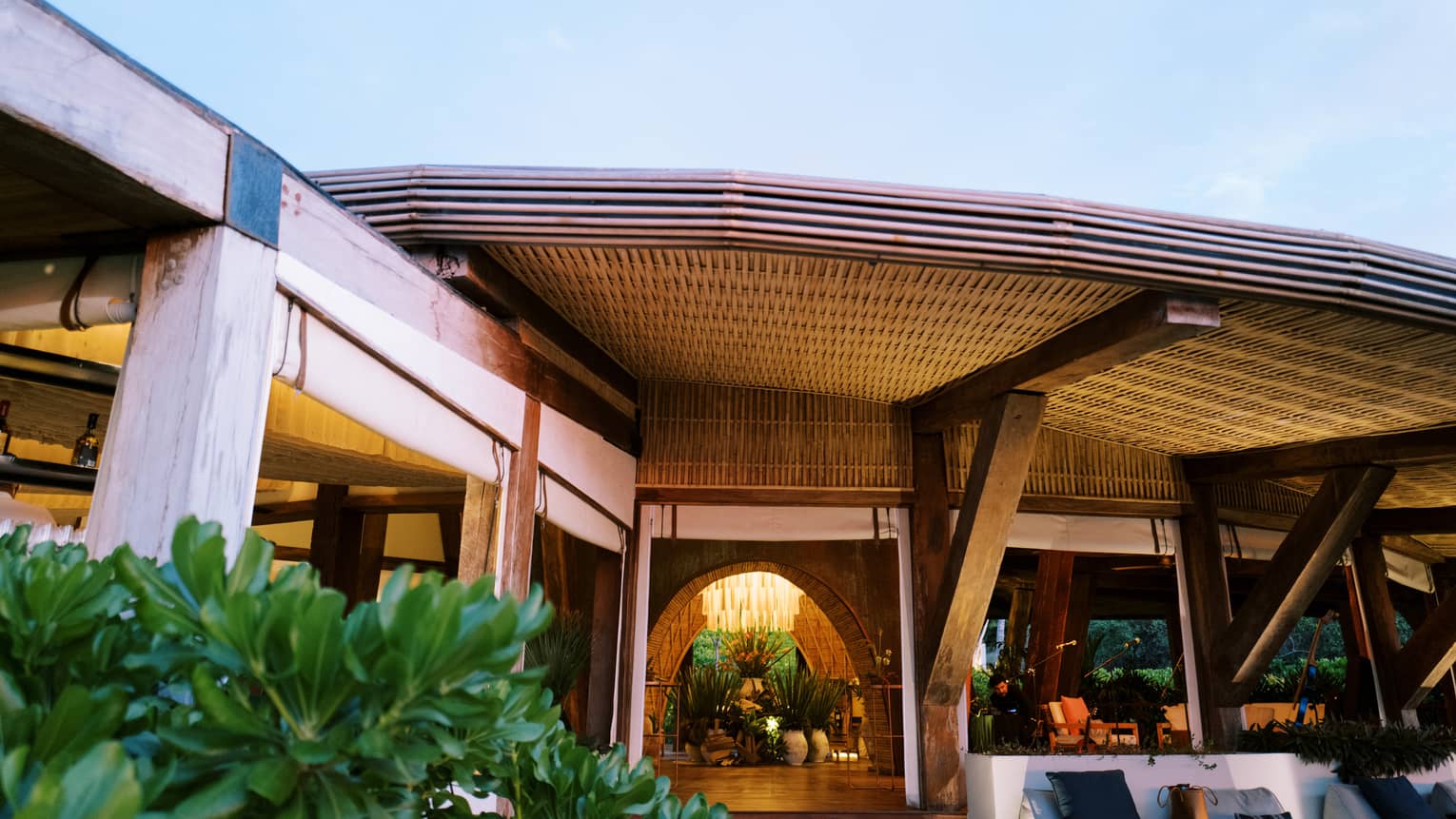 Exterior of a modern wooden resort set in the jungle