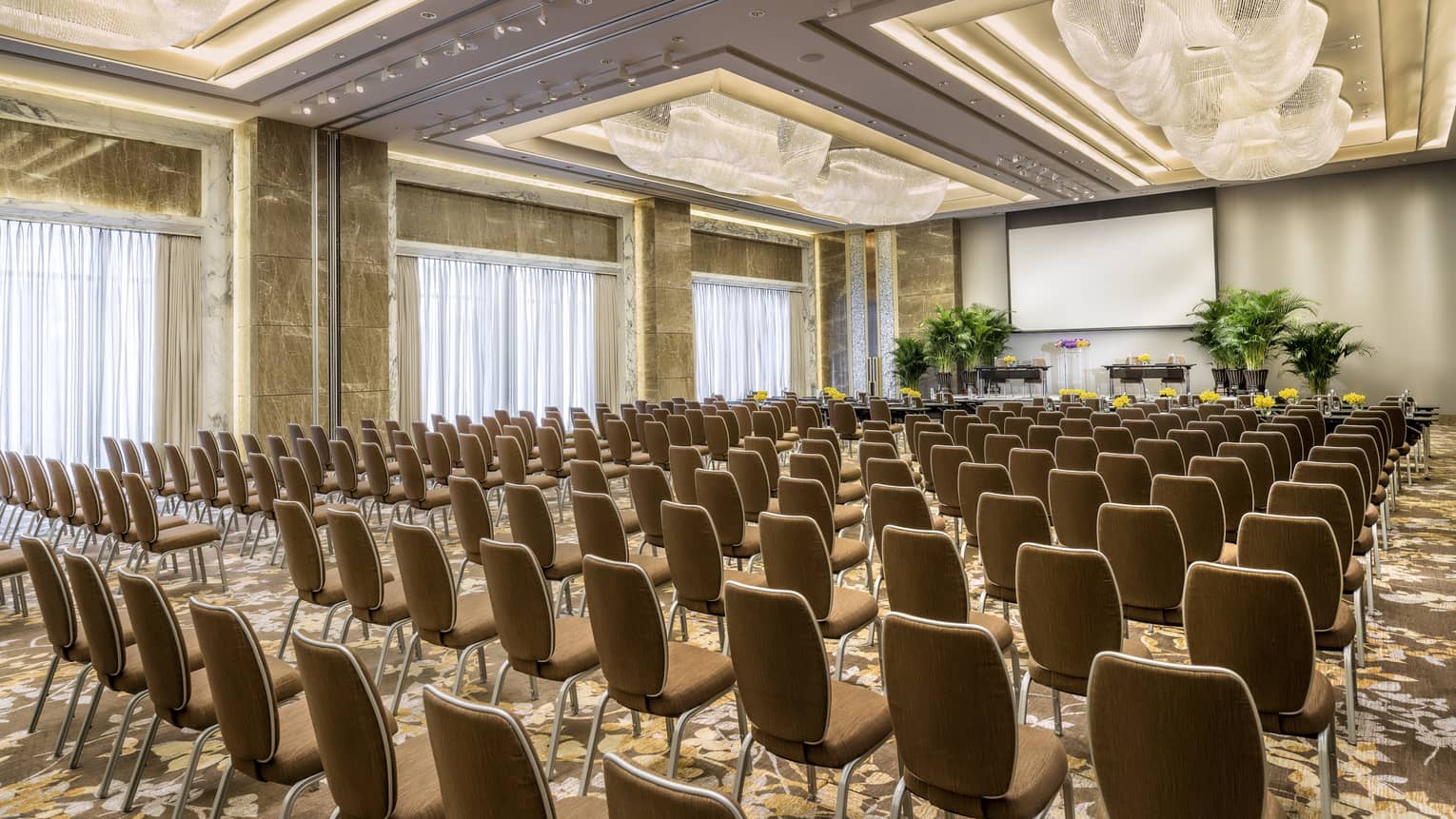Rows of meeting chairs facing screen, potted trees in large Four Seasons Ballroom 