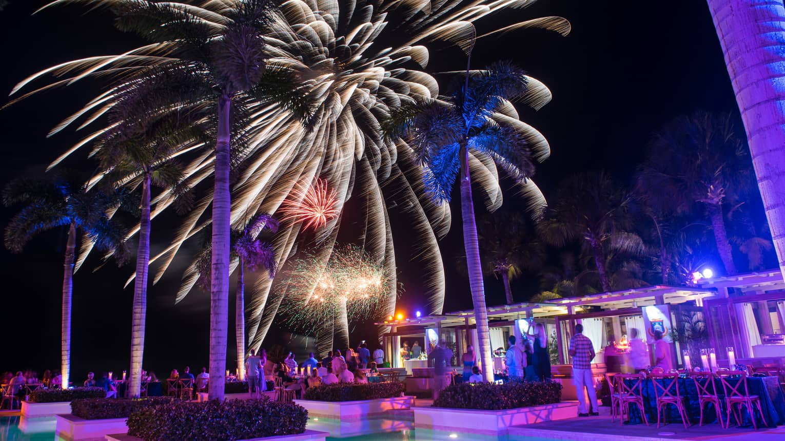 People around resort outdoor pool/bar watching fireworks in the night sky