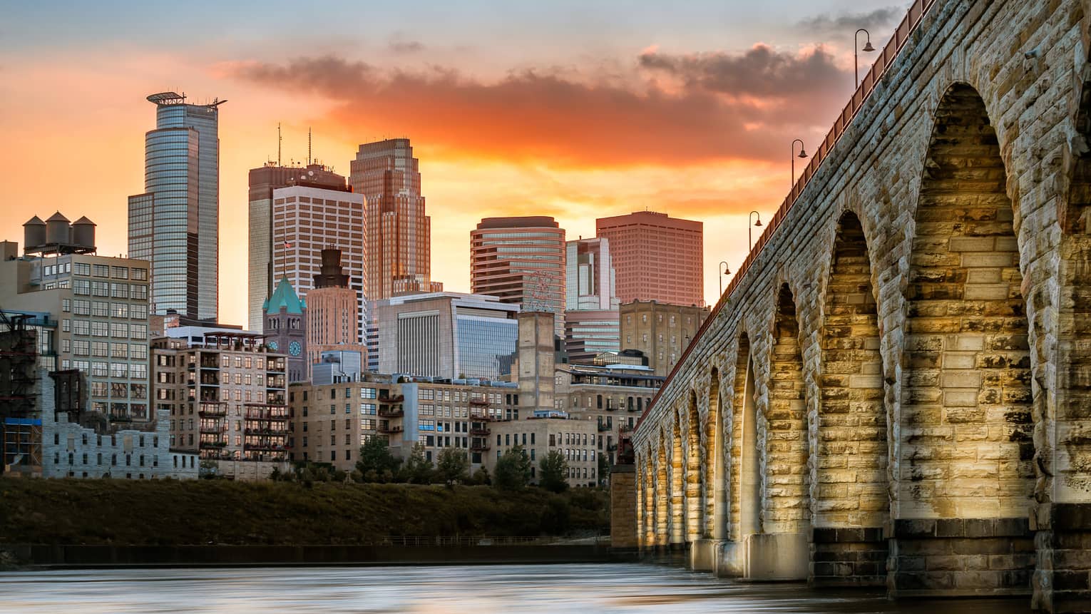Minneapolis city and bridge view at dusk