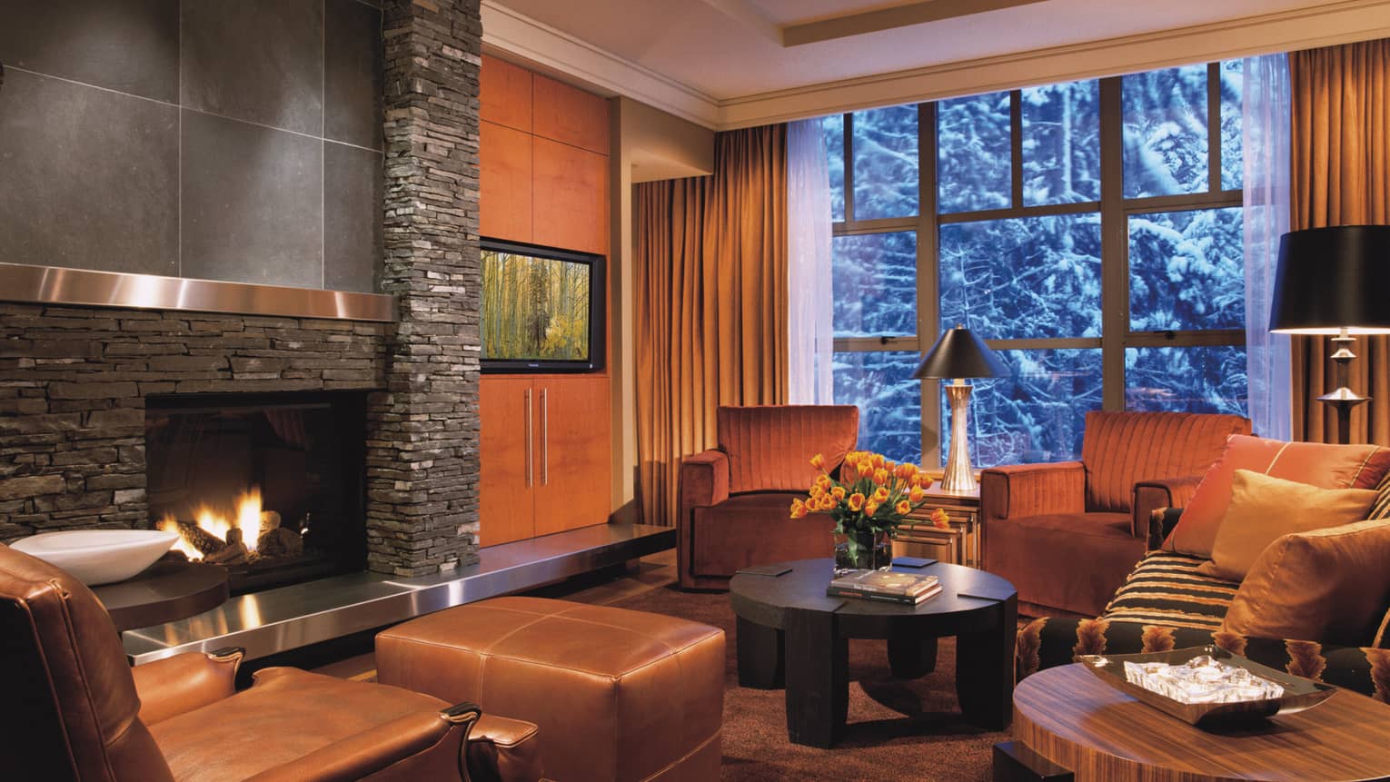 Brown leather armchair, stool and seating area in front of modern gas fireplace, large window