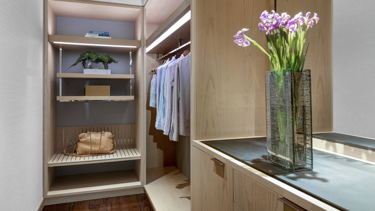Walk-in closet with wooden built-ins