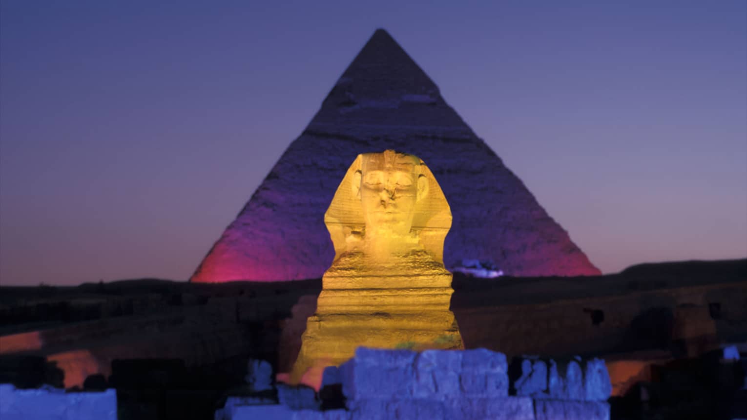 Sphinx and pyramid night light show Egypt