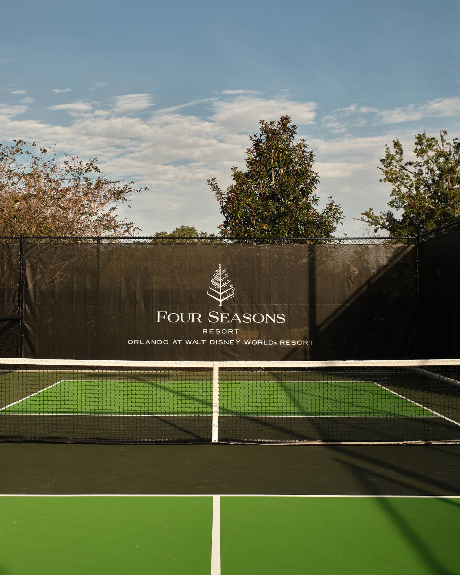 A pickleball court with trees in the background