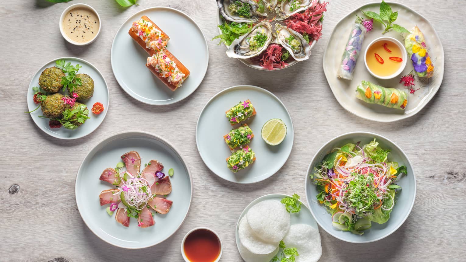 Aerial shot of artfully arranged colourful dishes