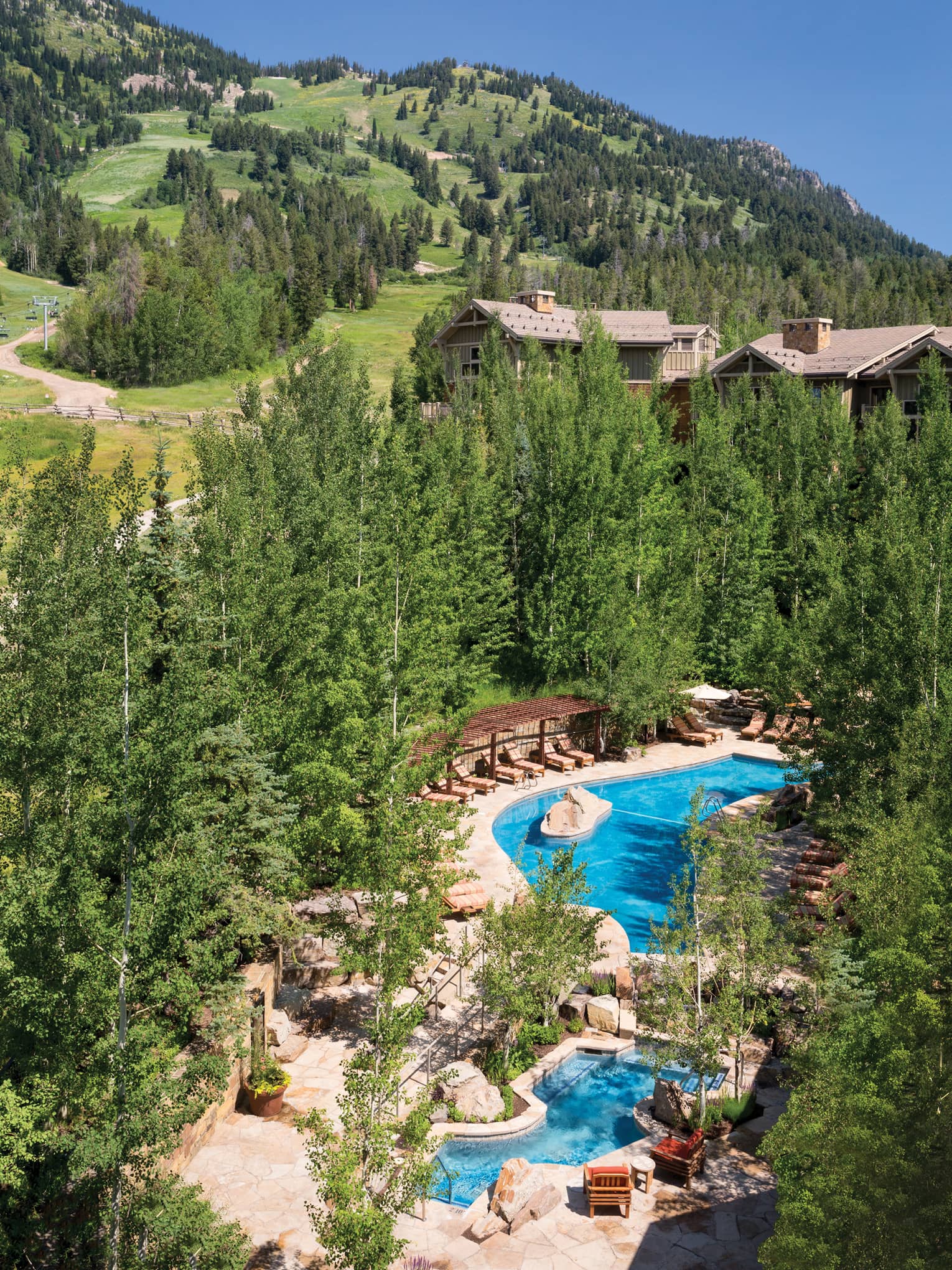 Aerial view of winding outdoor swimming pool, deck with lounge chairs surrounded by trees