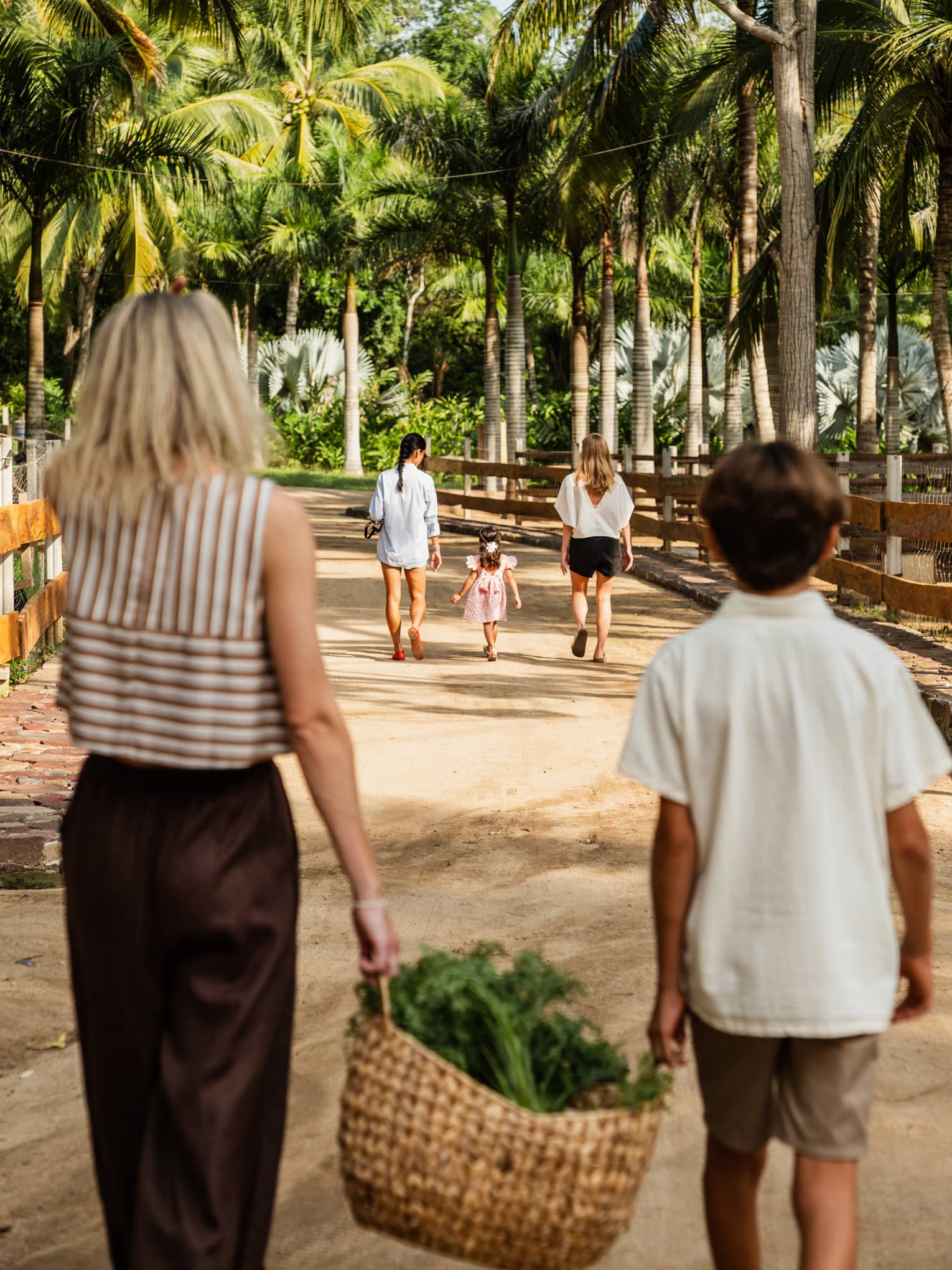 An adult and a child walk along a path carrying a large basket of produce between them. Other people are walking ahead of them on the path, which is surrounded by palm trees.