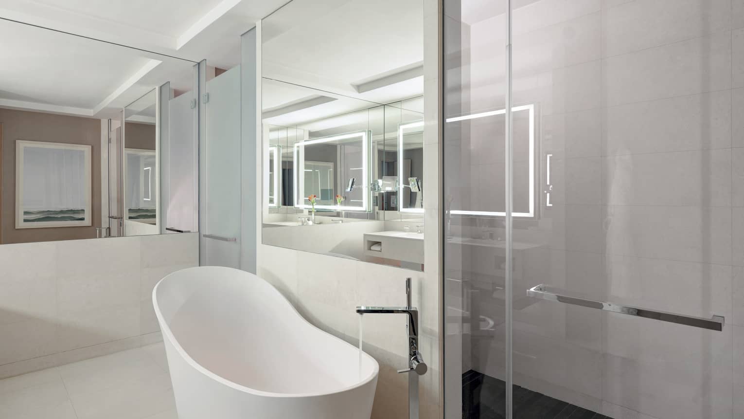 Bathroom with glass shower, white freestanding tub