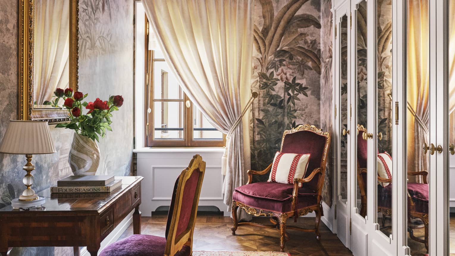 Presidential suite study with desk, velvet upholstered chair, arm chair, window and closets, at Four Seasons Hotel Florence