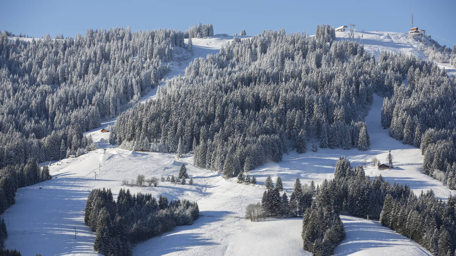 View of the snowy Mont d'Arbois ski slopes in Megeve, France