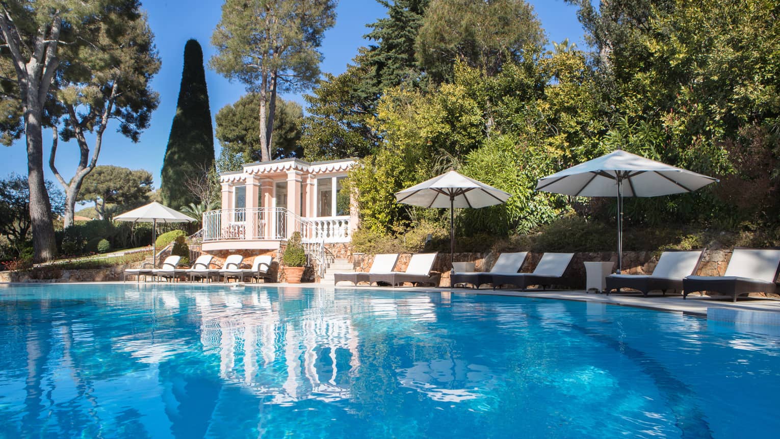 An elegant poolside lounge canopied by lush trees in the background