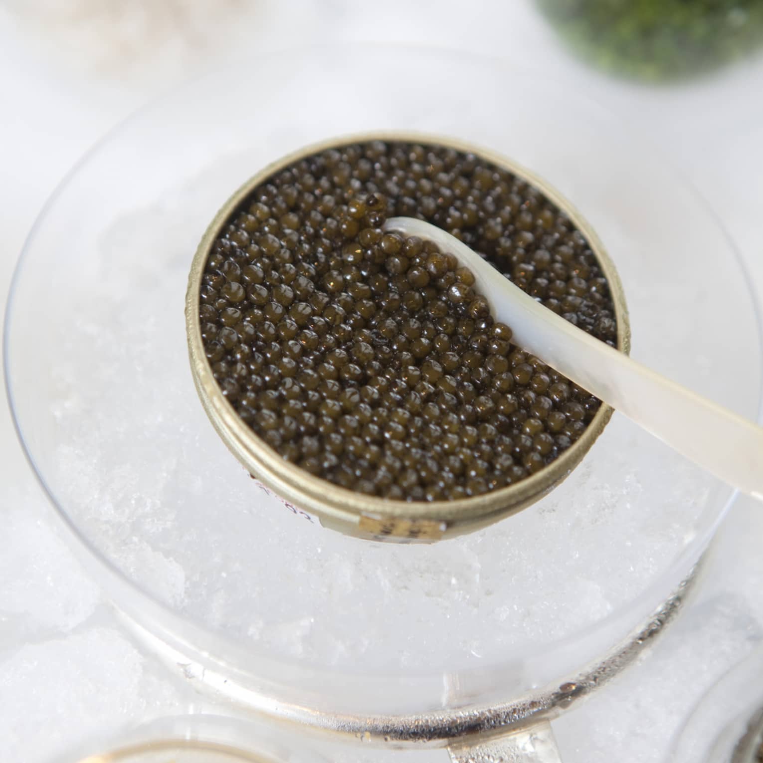 A container of fresh caviar served chilled over a bowl of ice