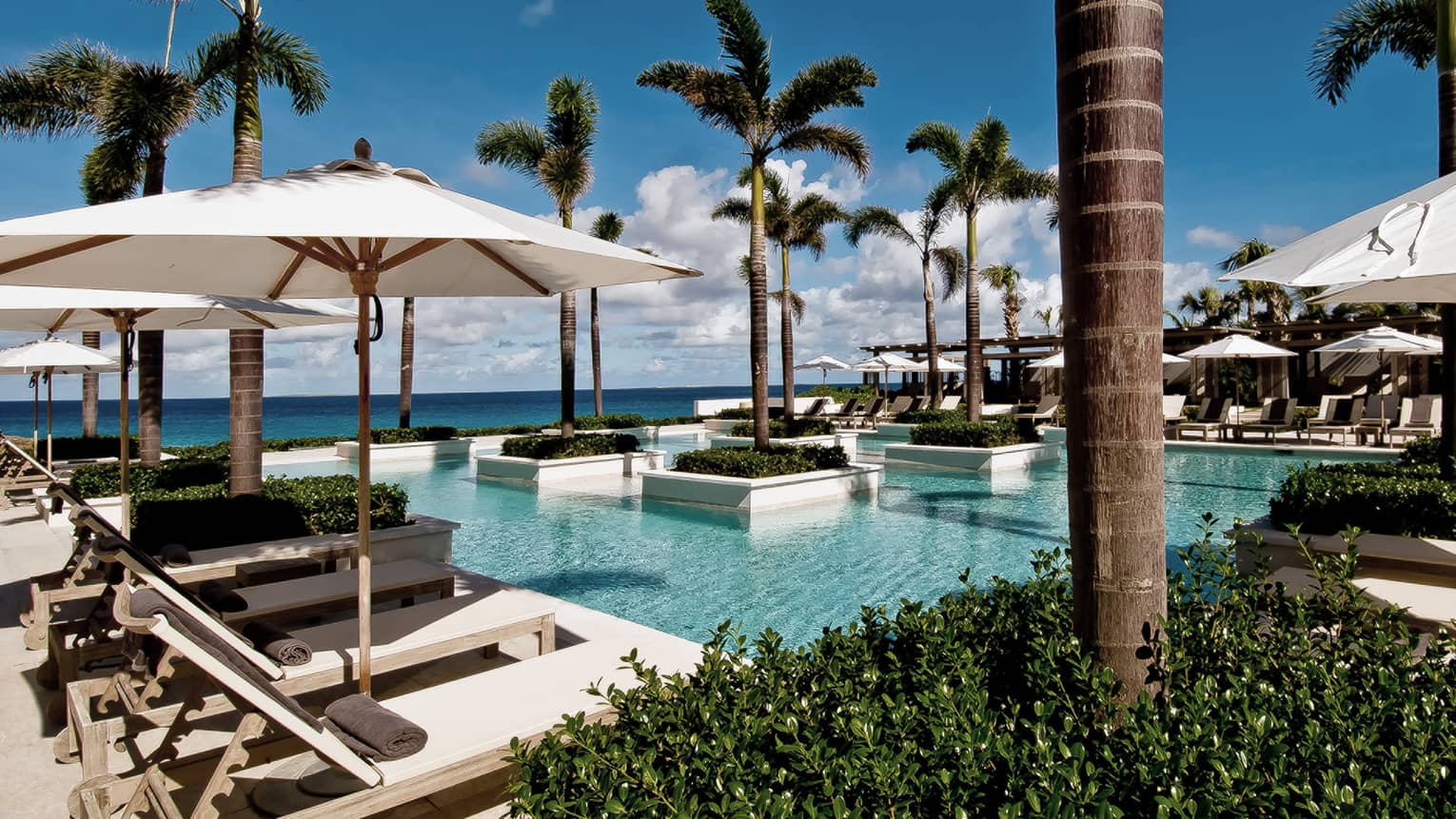 Aleta Pool with white potted palms, surrounded by white patio chairs, umbrellas, ocean views 