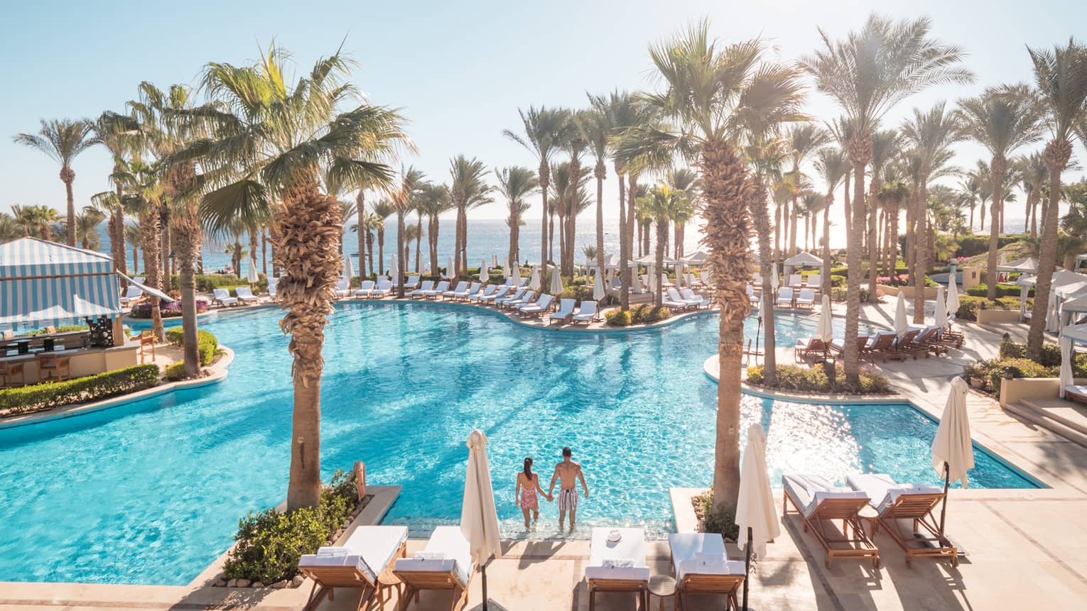 Couple enters outdoor swimming pool under palm trees, sun