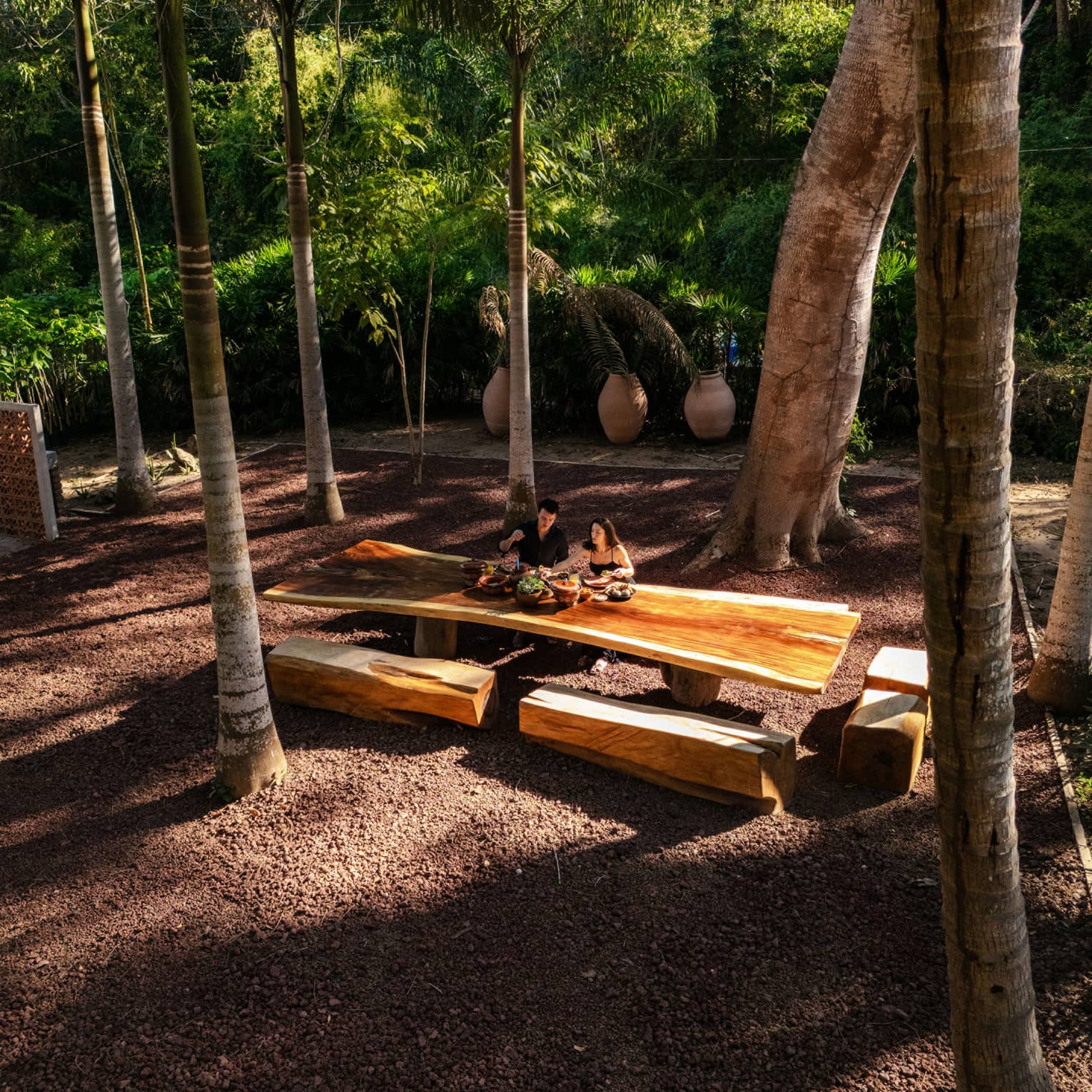Two people sit at a long wood outdoor table with wood beam bench seats, all surrounded by palm trees.