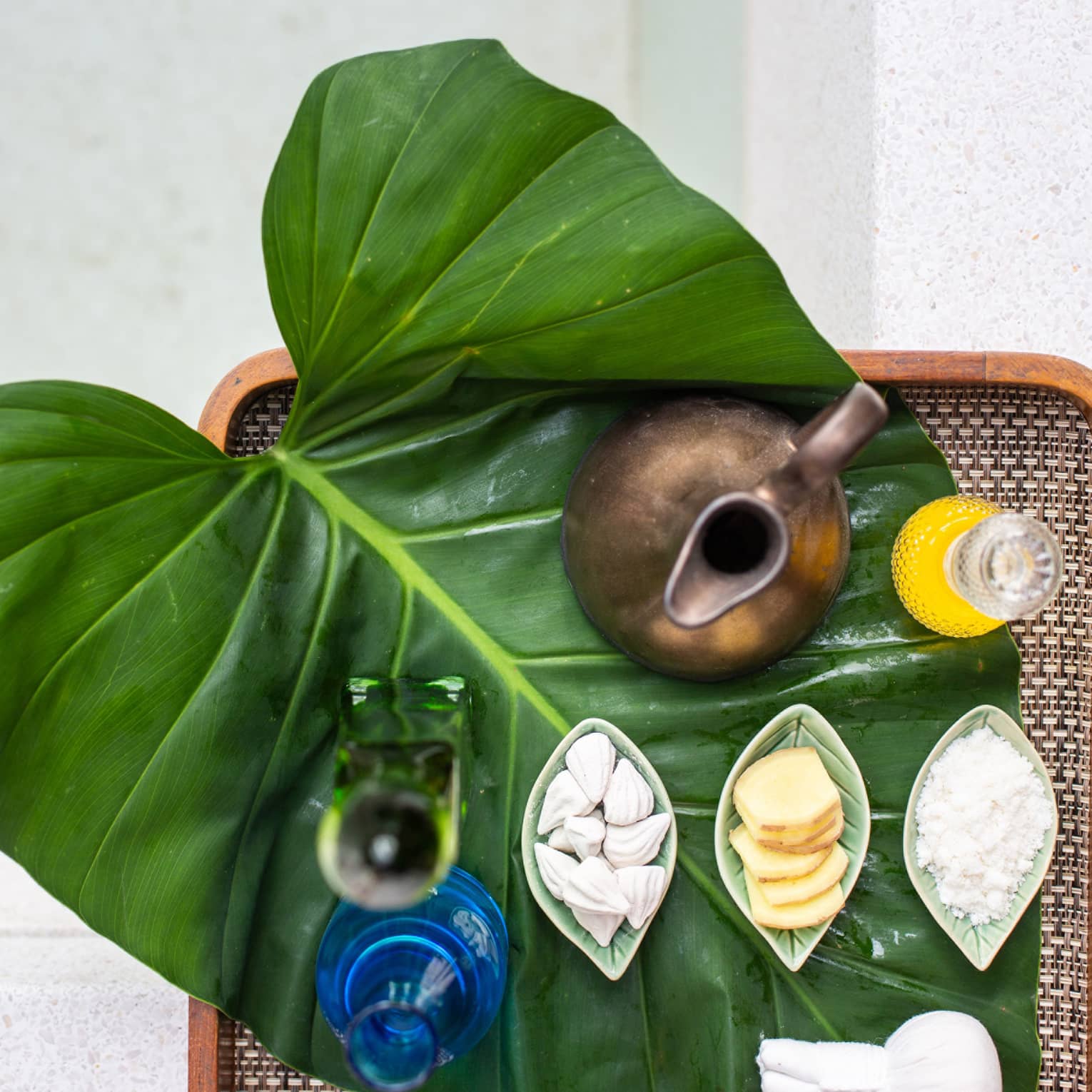 Spa tray with essential oils and massage tools