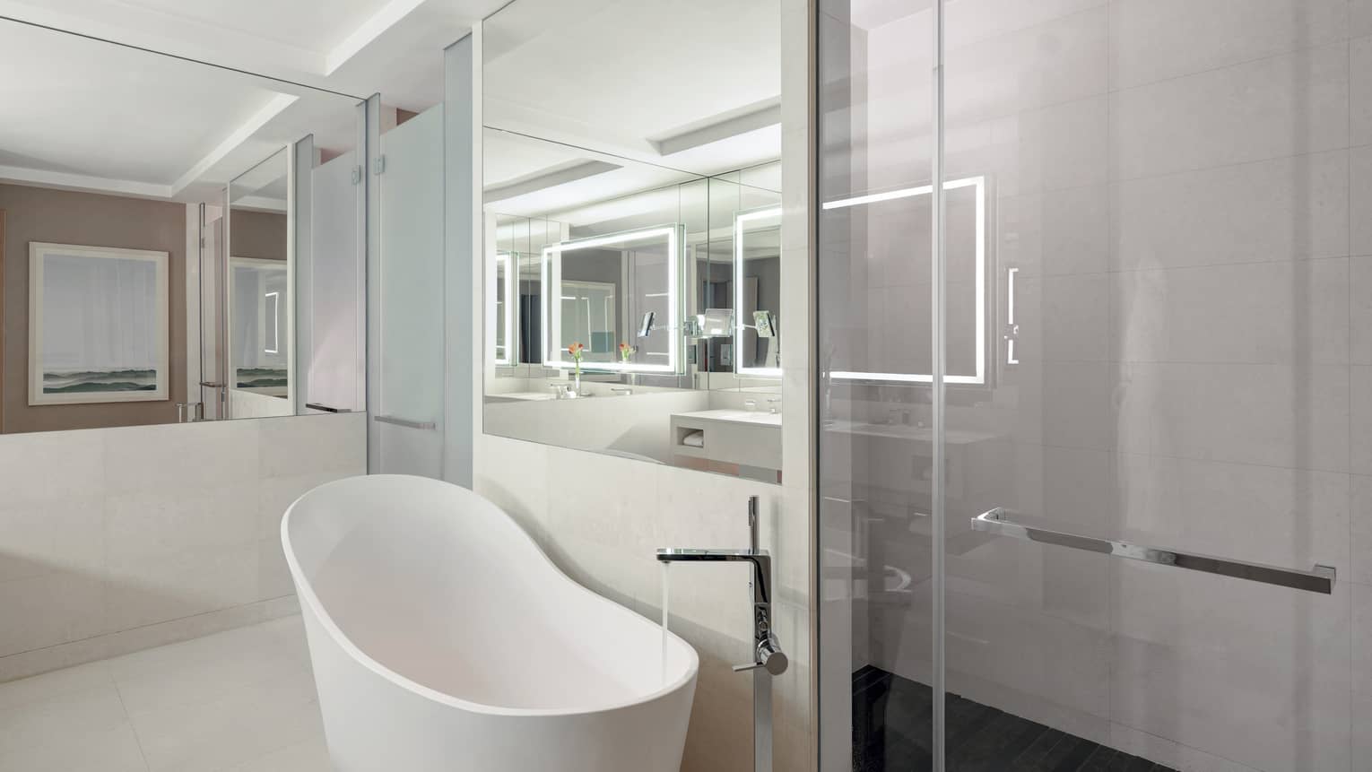 Bathroom with glass shower, white freestanding tub