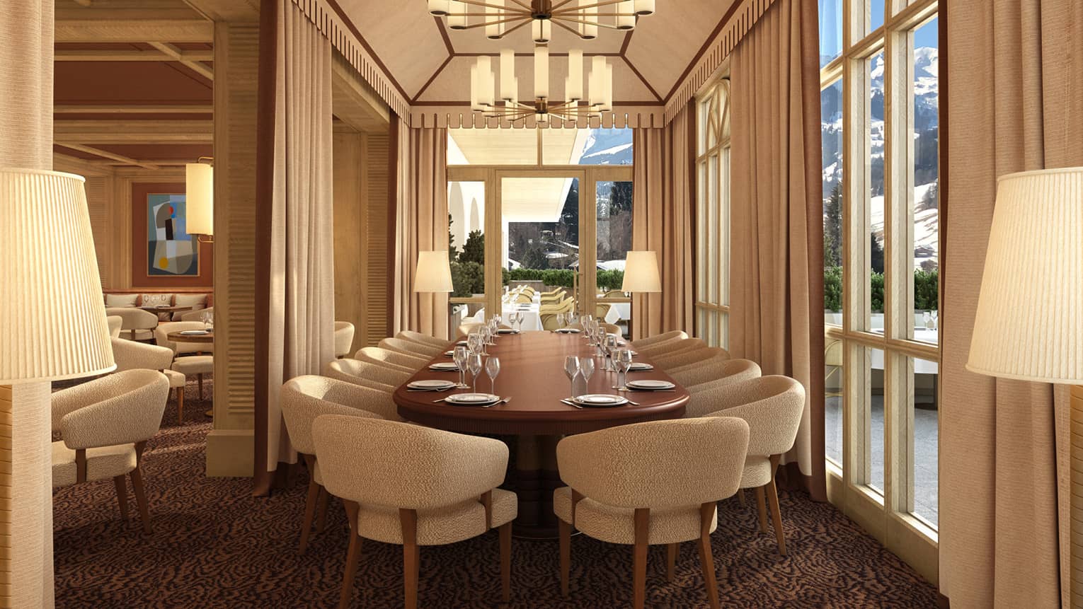 Rendering of restaurant interior with large group table