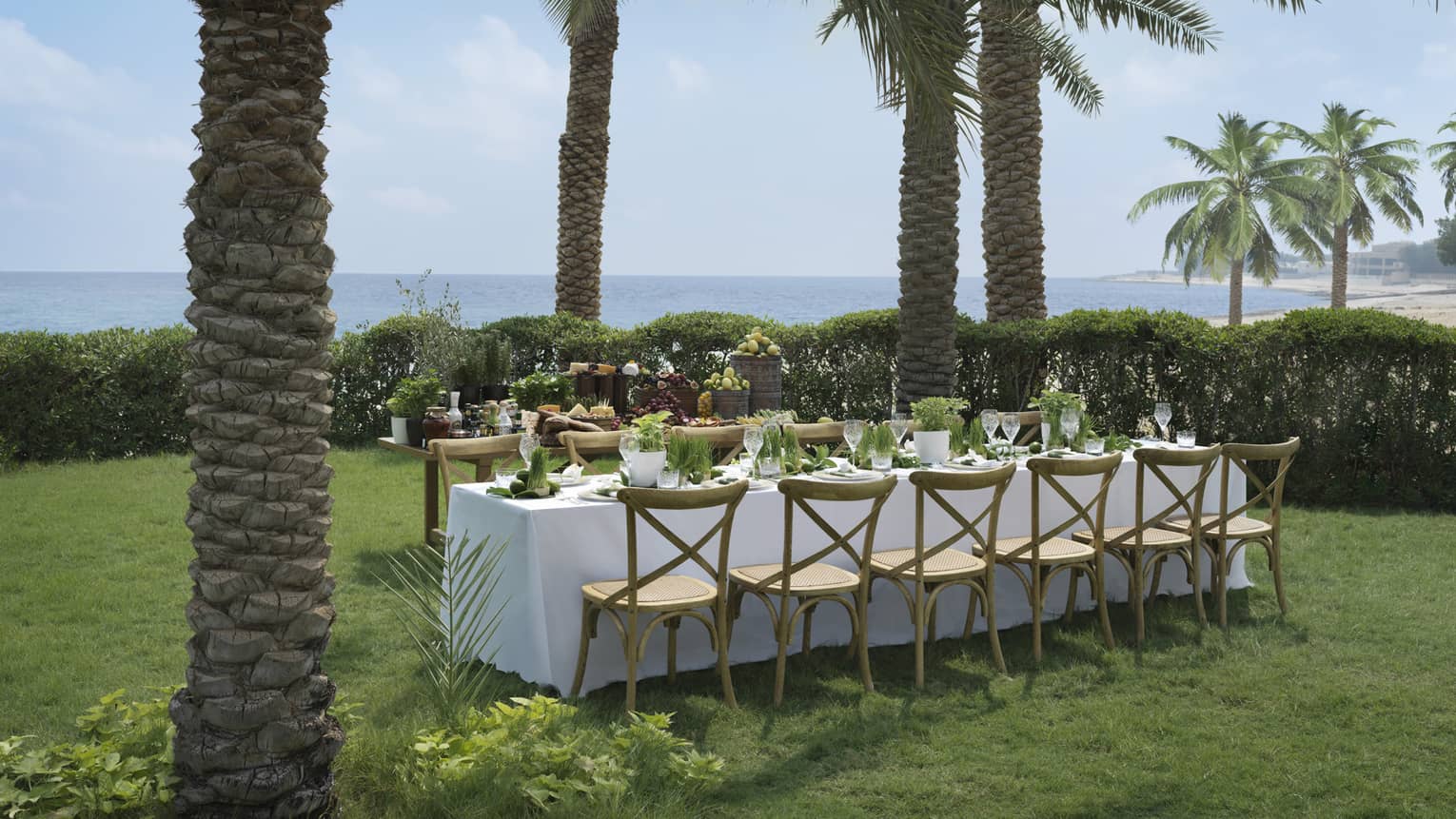 A rectangular dining table set for an event sits on the grass, under palm trees, sea in the distance