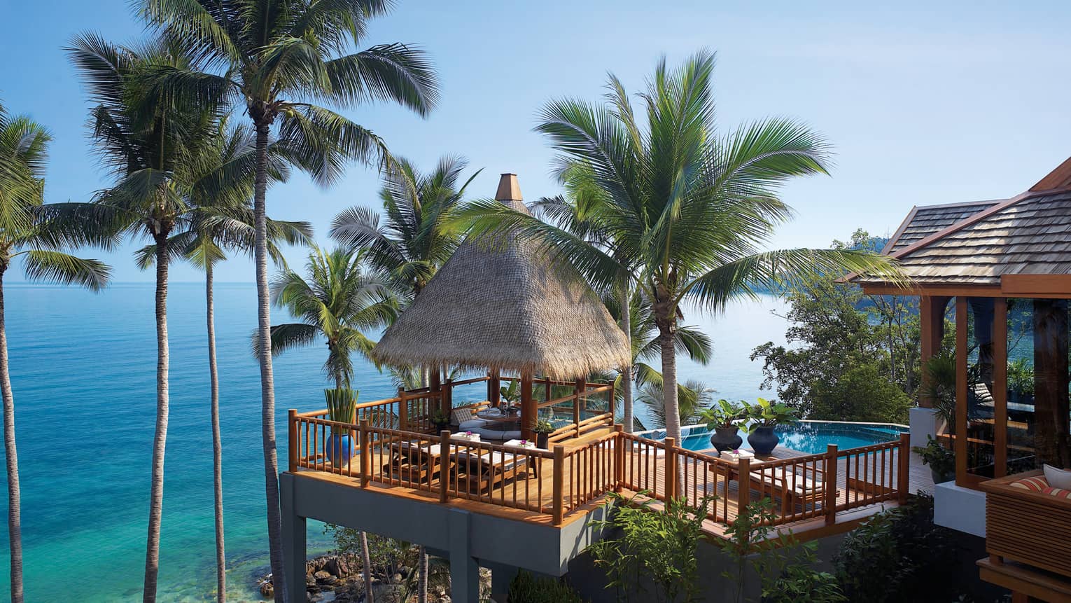Two-Bedroom Residence Villa with Pool patio with thatched roof cabana on mountain high above trees, ocean