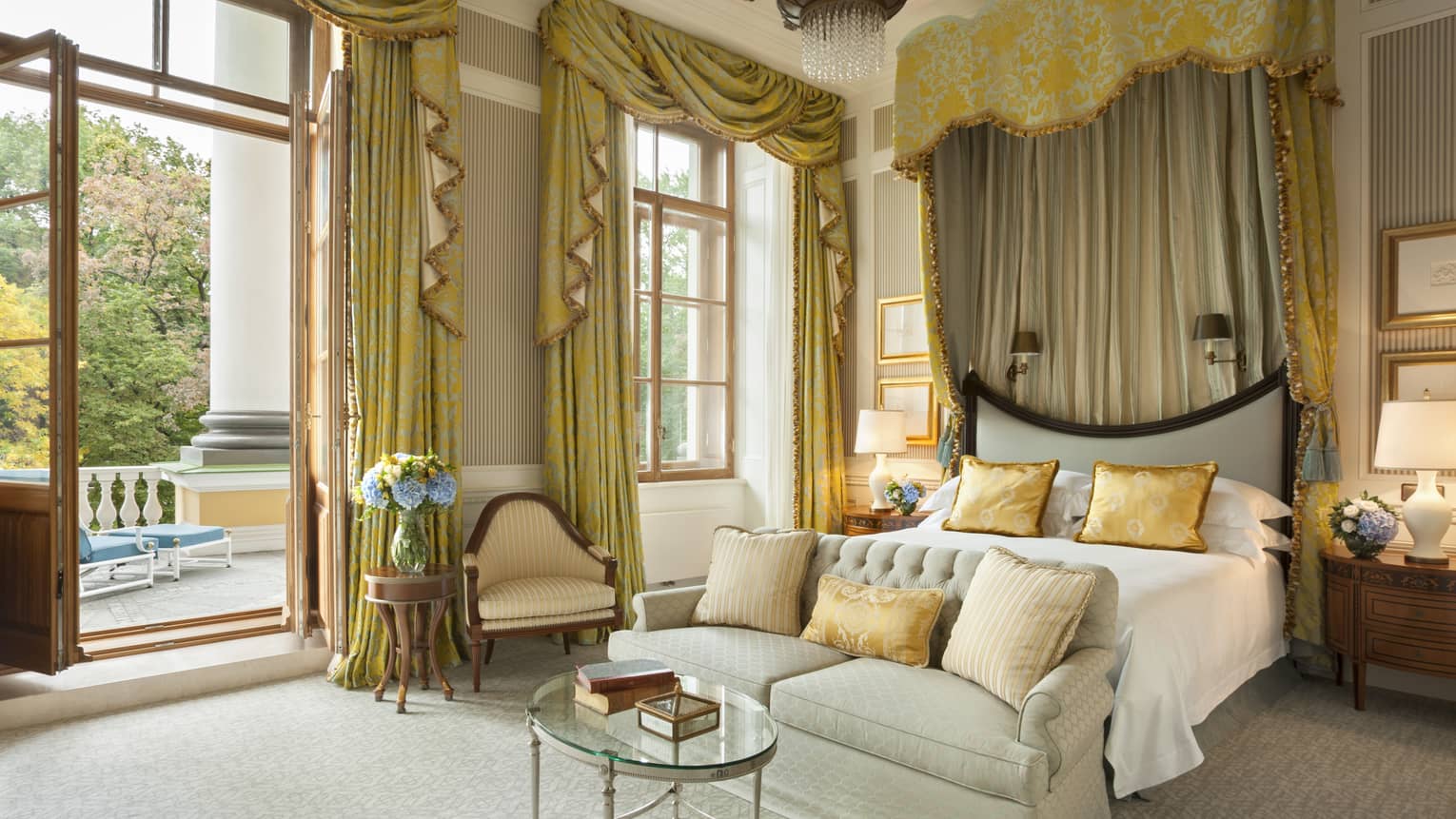 St Petersburg Hotel Russia Luxury Four Seasons Lion Palace Presidential Suite Master Bedroom Bed With Loveseat At Foot Gold Curtains Cascading From High Ceilings