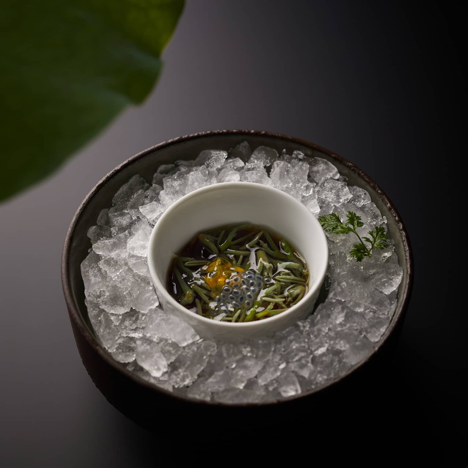 Ice cubes encircle a small bowl of chopped water shield in a vinegar jelly, garnished with orange tomato sauce. 