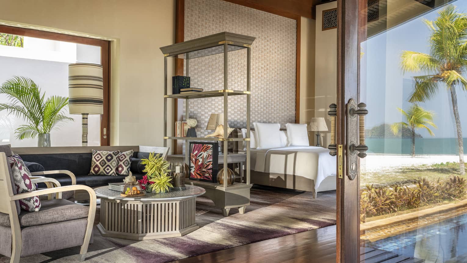 Studio with king bed and living room area
