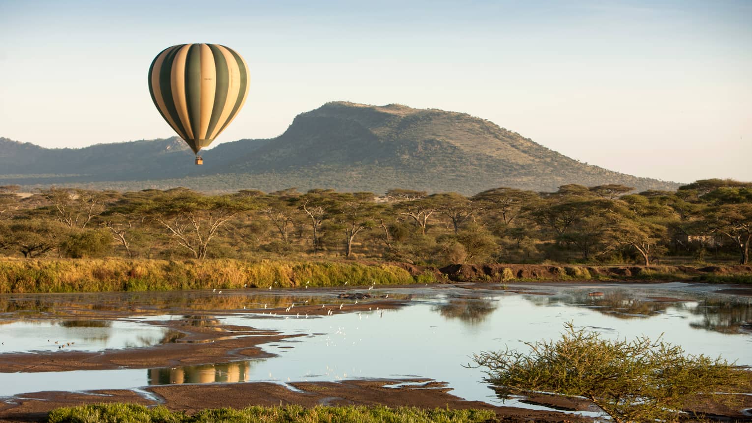 Striped hot air balloon floating over Serengeti fields, ponds