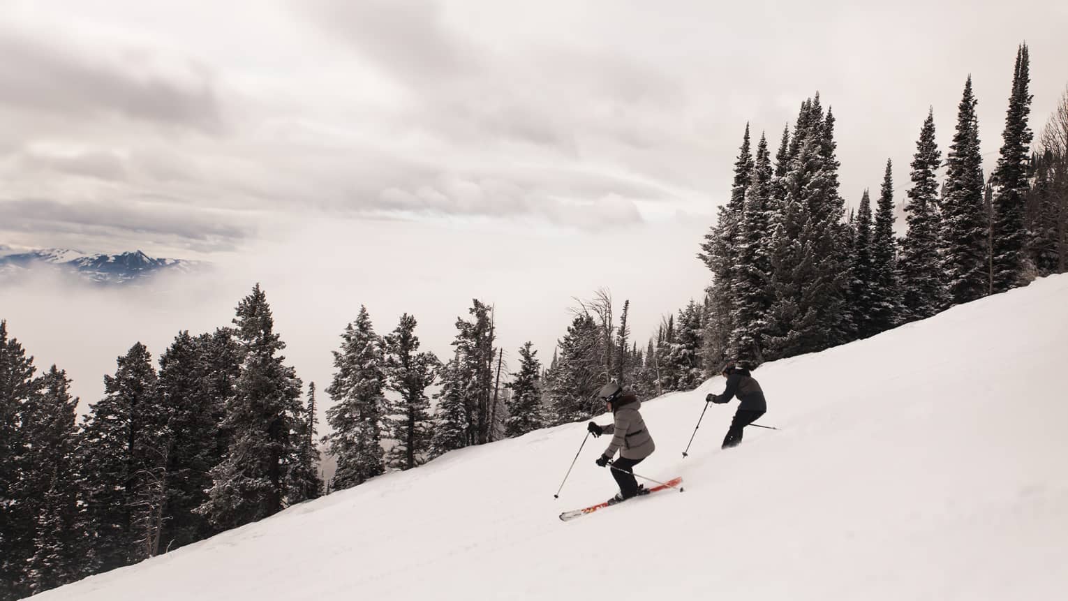 Arial view of two skiers descending a snow covered slope 