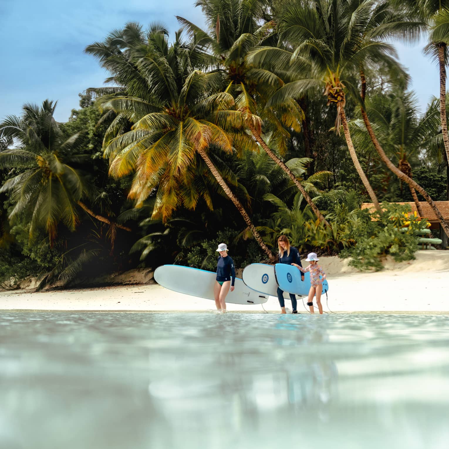 Two adults carrying surfboards accompany a child into the calm water, sandy beach and palm trees behind them. 
