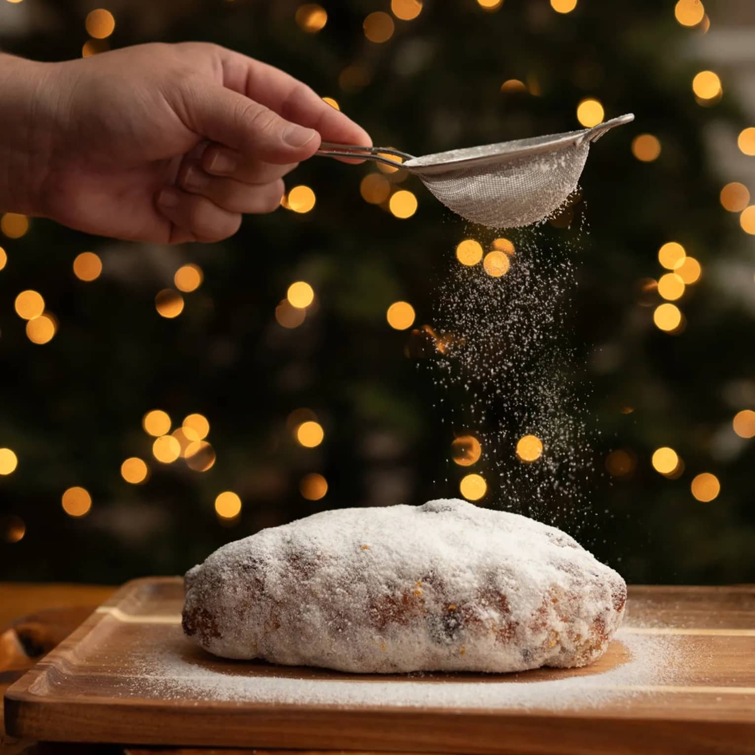 Freshly baked loaf of bread being dusted in white powder with Christmas trees in the background