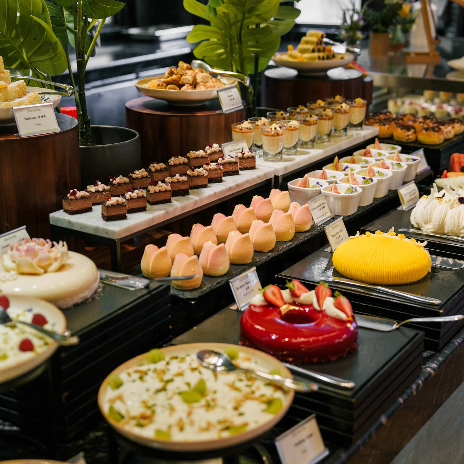 Brunch buffet set on a black marble countertop