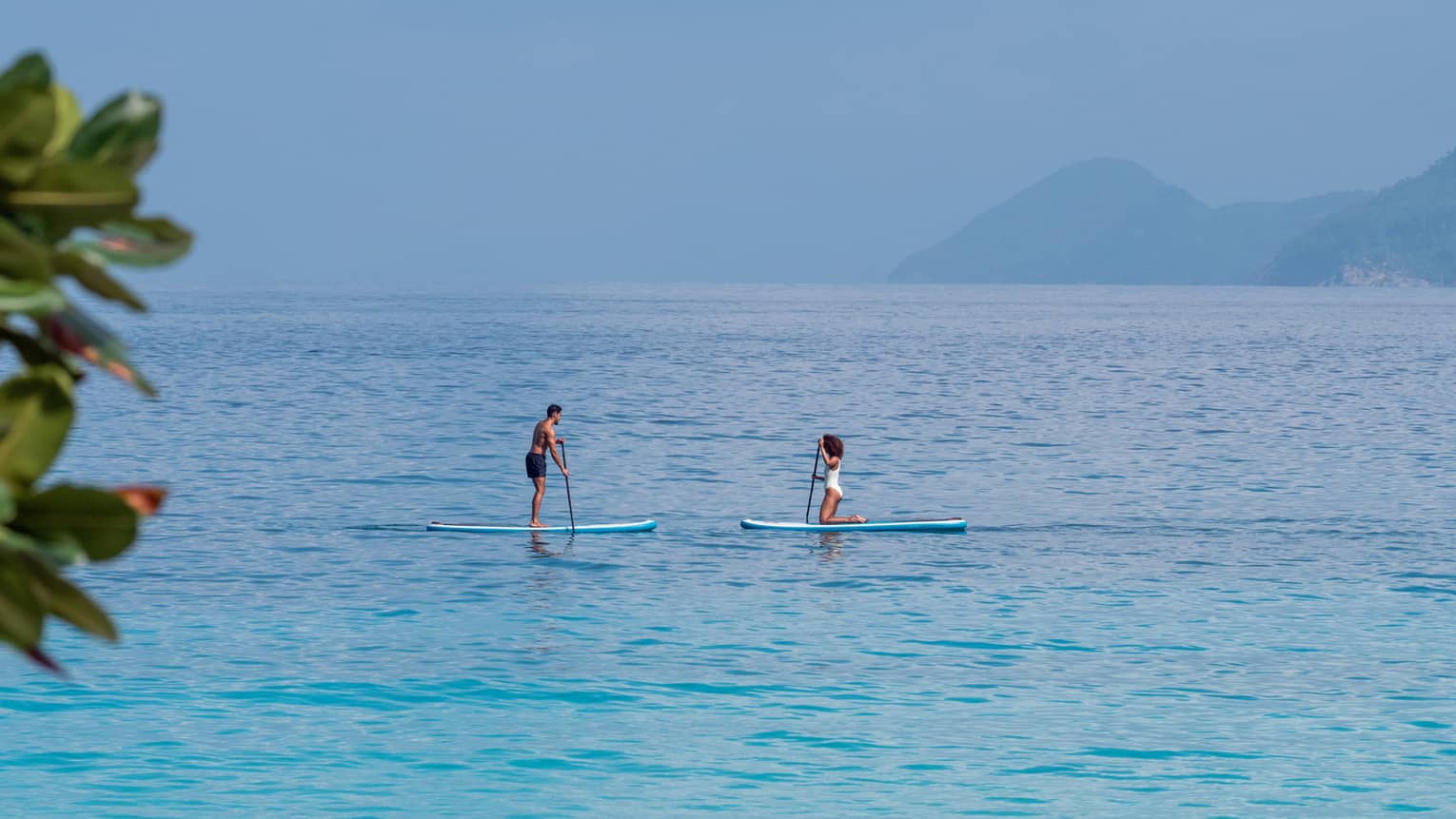 Man and woman paddle board on the open ocean, mountains visible through the fog