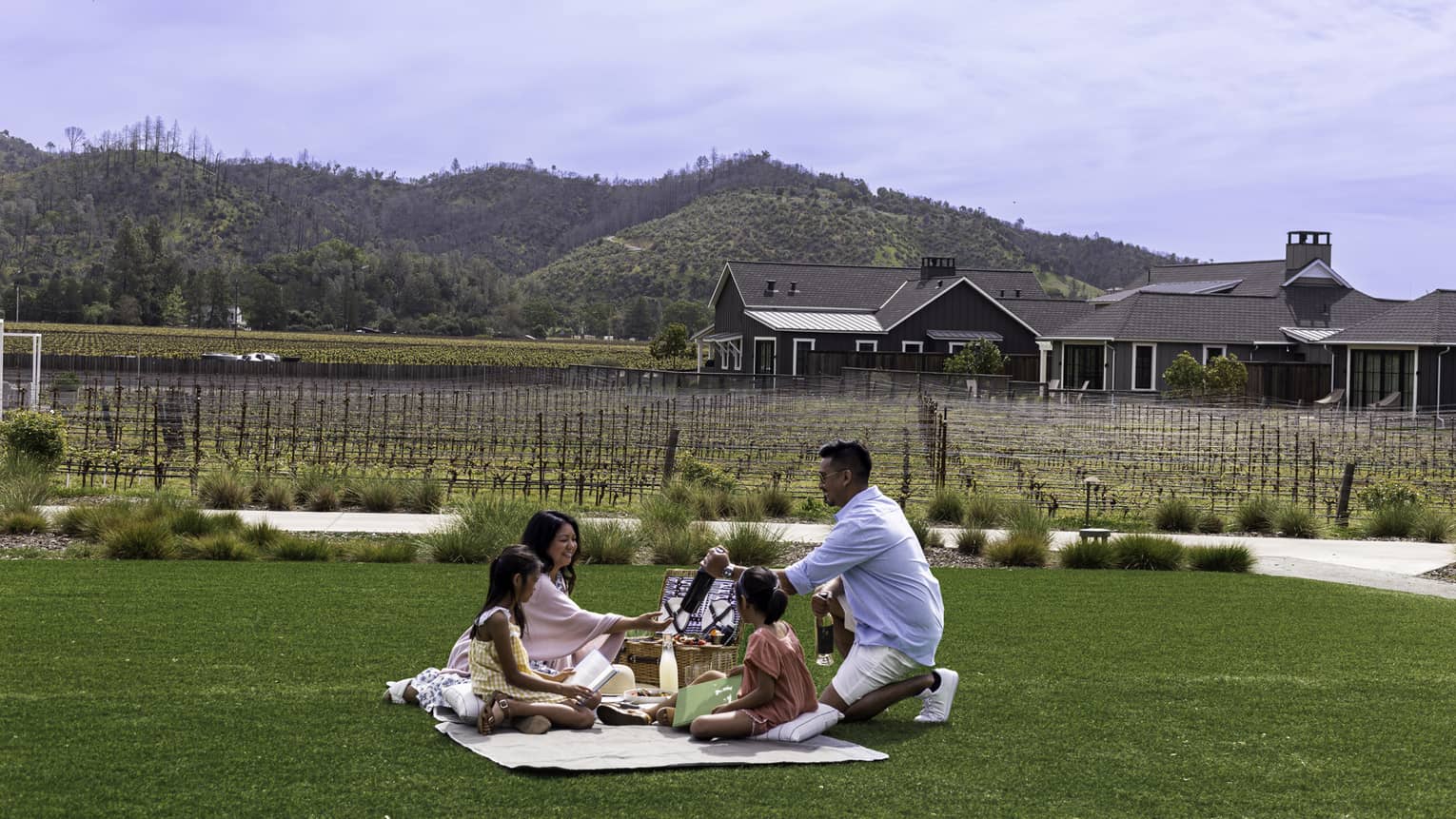 Parents hold bottles of wine and their children read on a blanket on a green lawn in front of rows of vines and grassy hills.