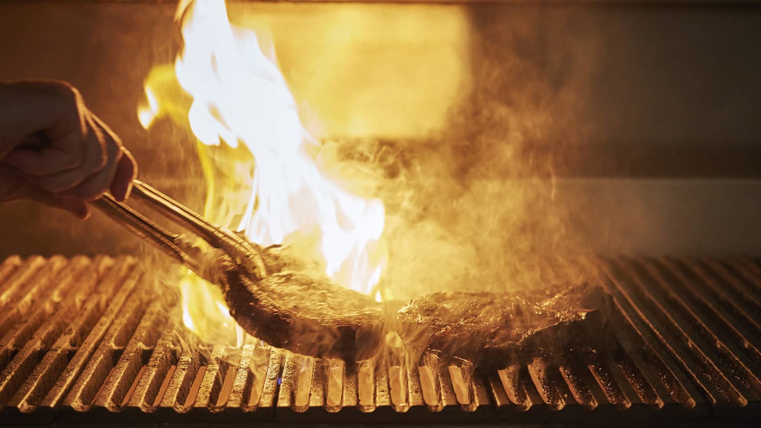 Several steaks being grilled over an open fire.
