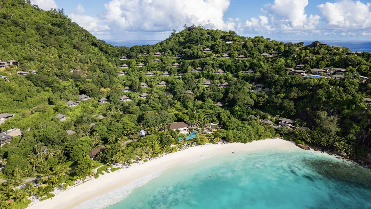 Aerial view of property, jungle and beach