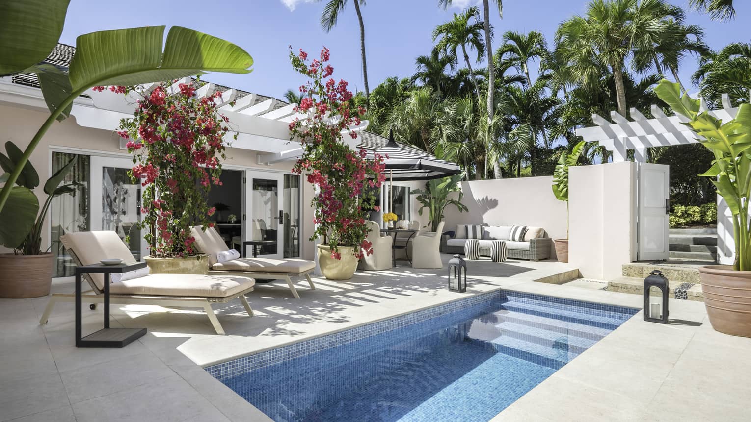 Resort bungalow with a private plunge pool, lounge chairs and lush tropical plants
