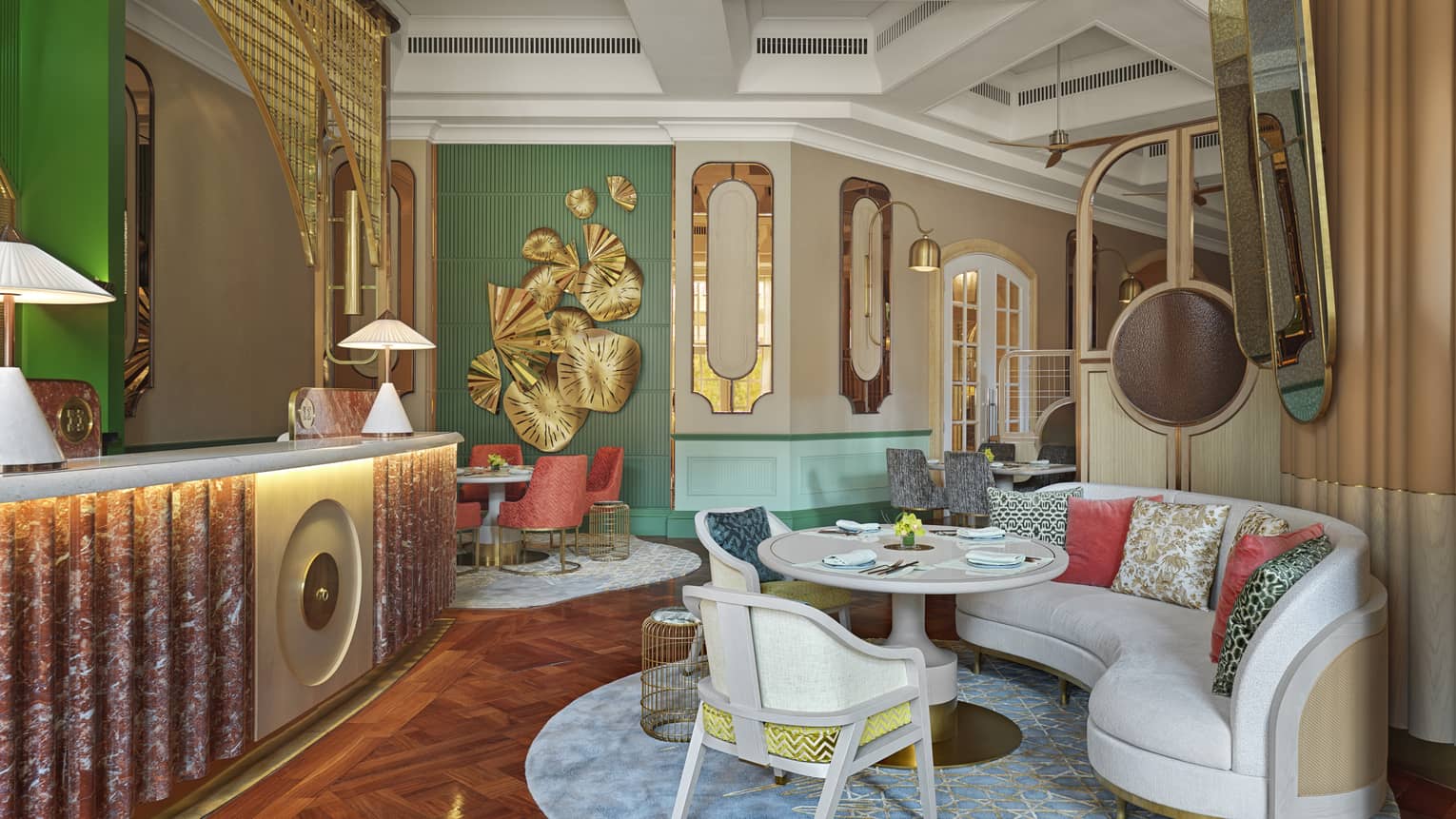 Xiao Ting lounge area with ergonomic sofa and chairs, parquet floors, gold wall accents
