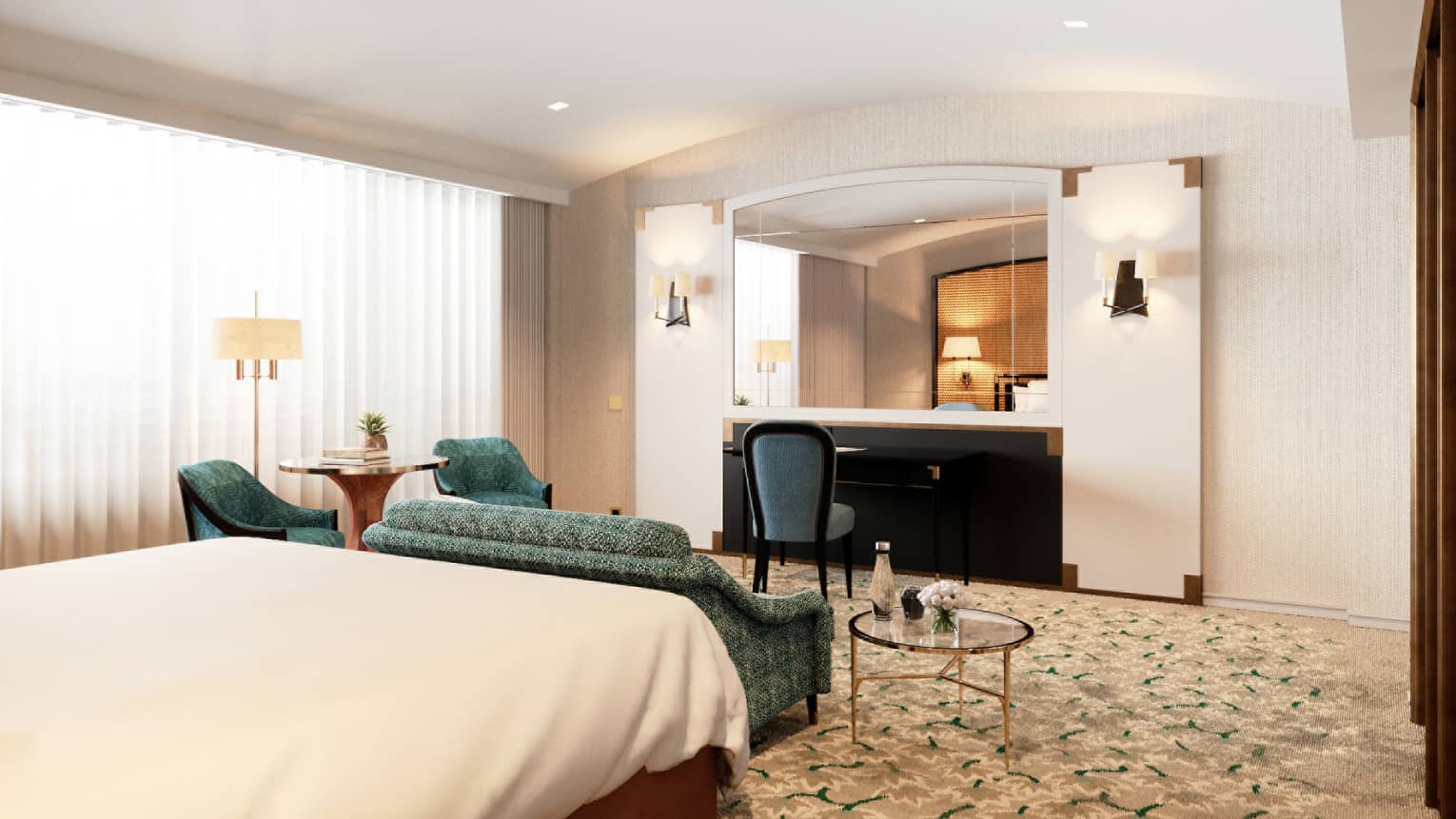 Rendering of bedroom with turquoise sofa, vanity, geometric carpet, window