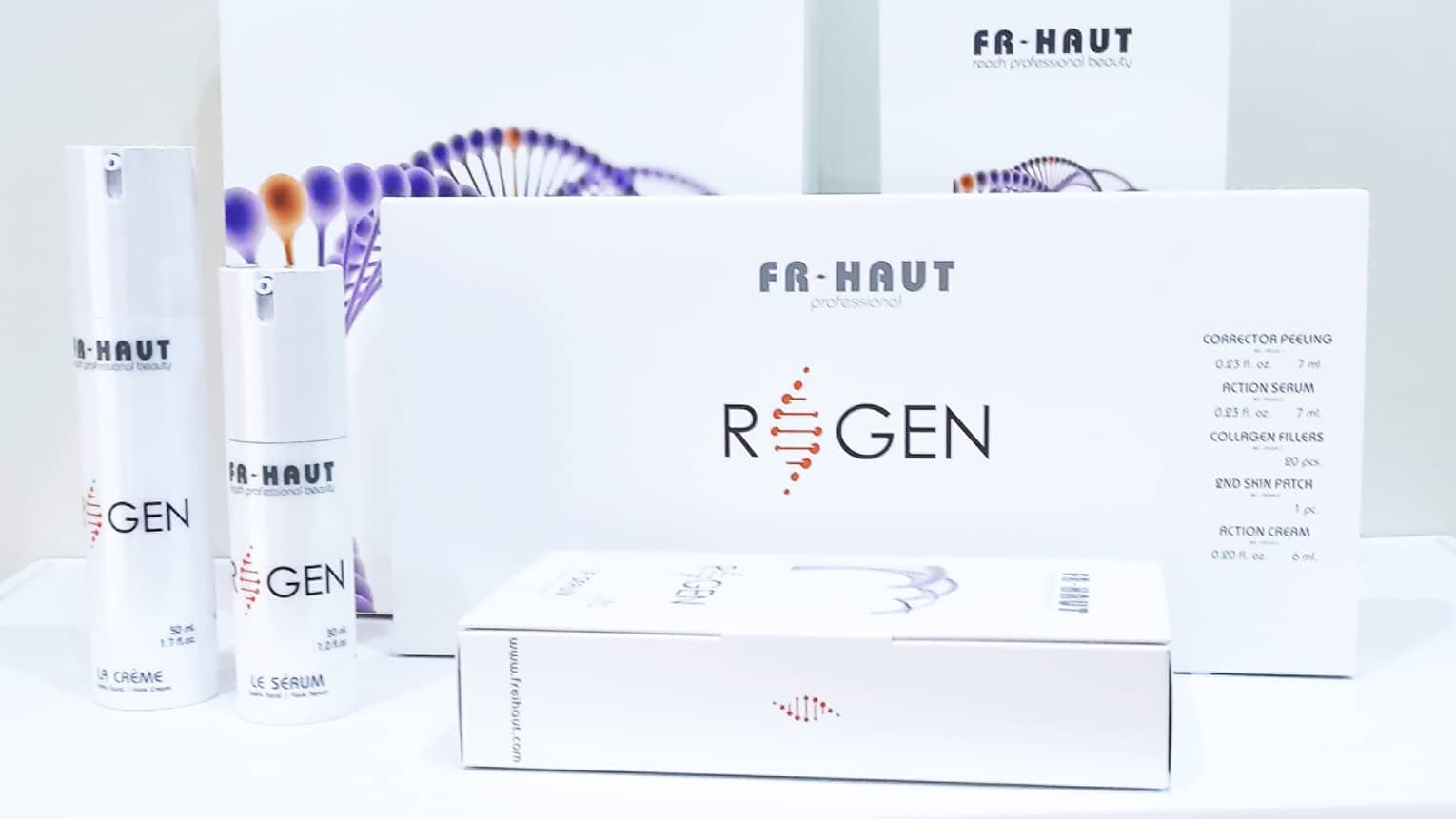 Collection of spa products in white packaging