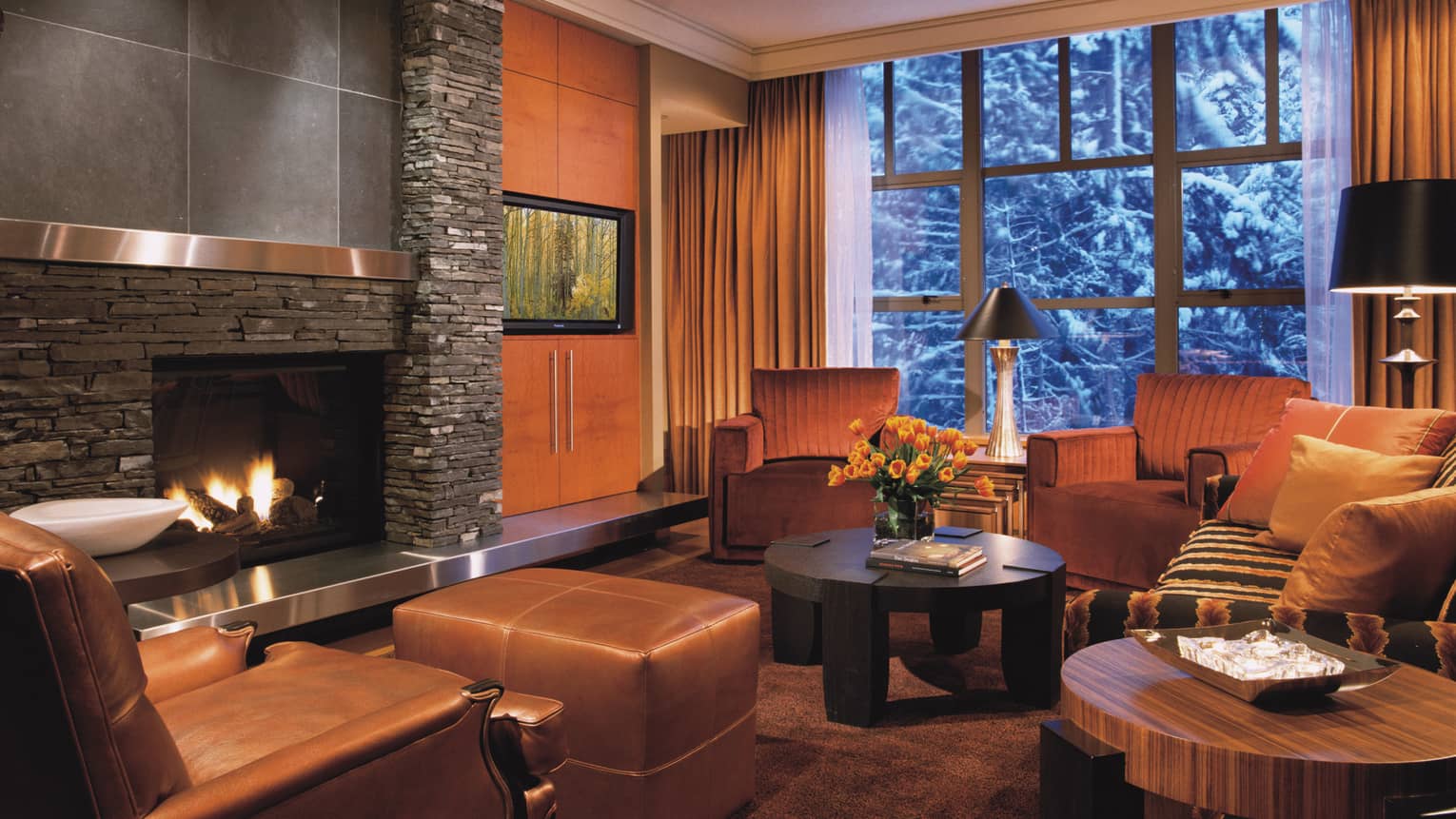 Brown leather armchair, stool and seating area in front of modern gas fireplace, large window